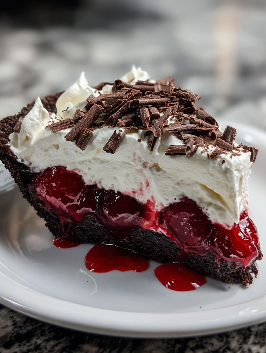 A slice of chocolate cake with white cream and cherries.