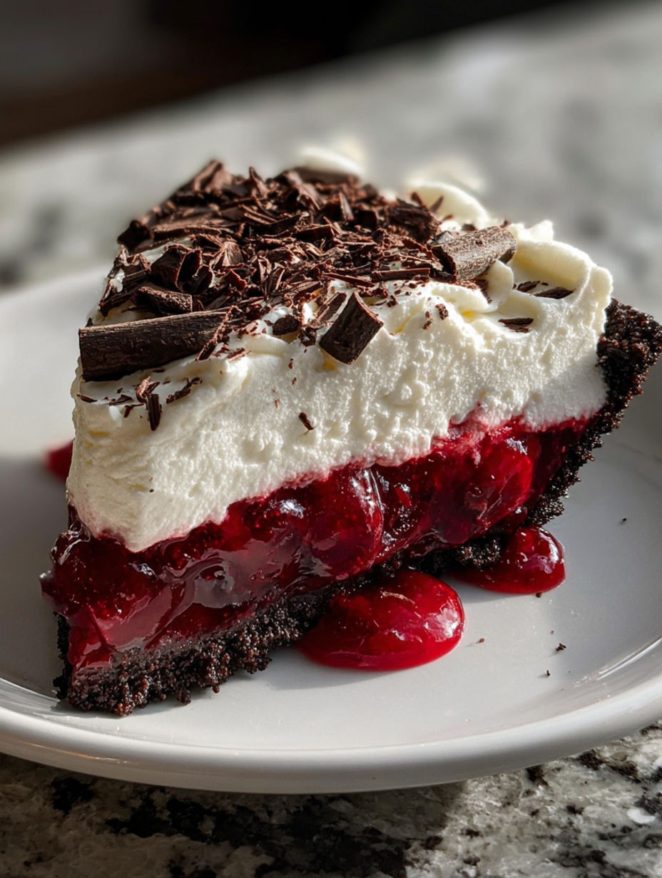 A slice of chocolate cake with white frosting and red berries.