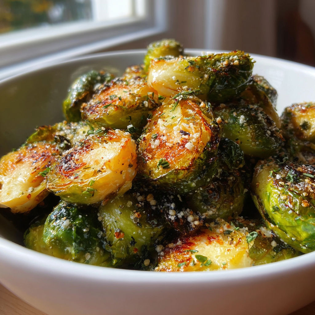A bowl of air fryer Brussels sprouts.