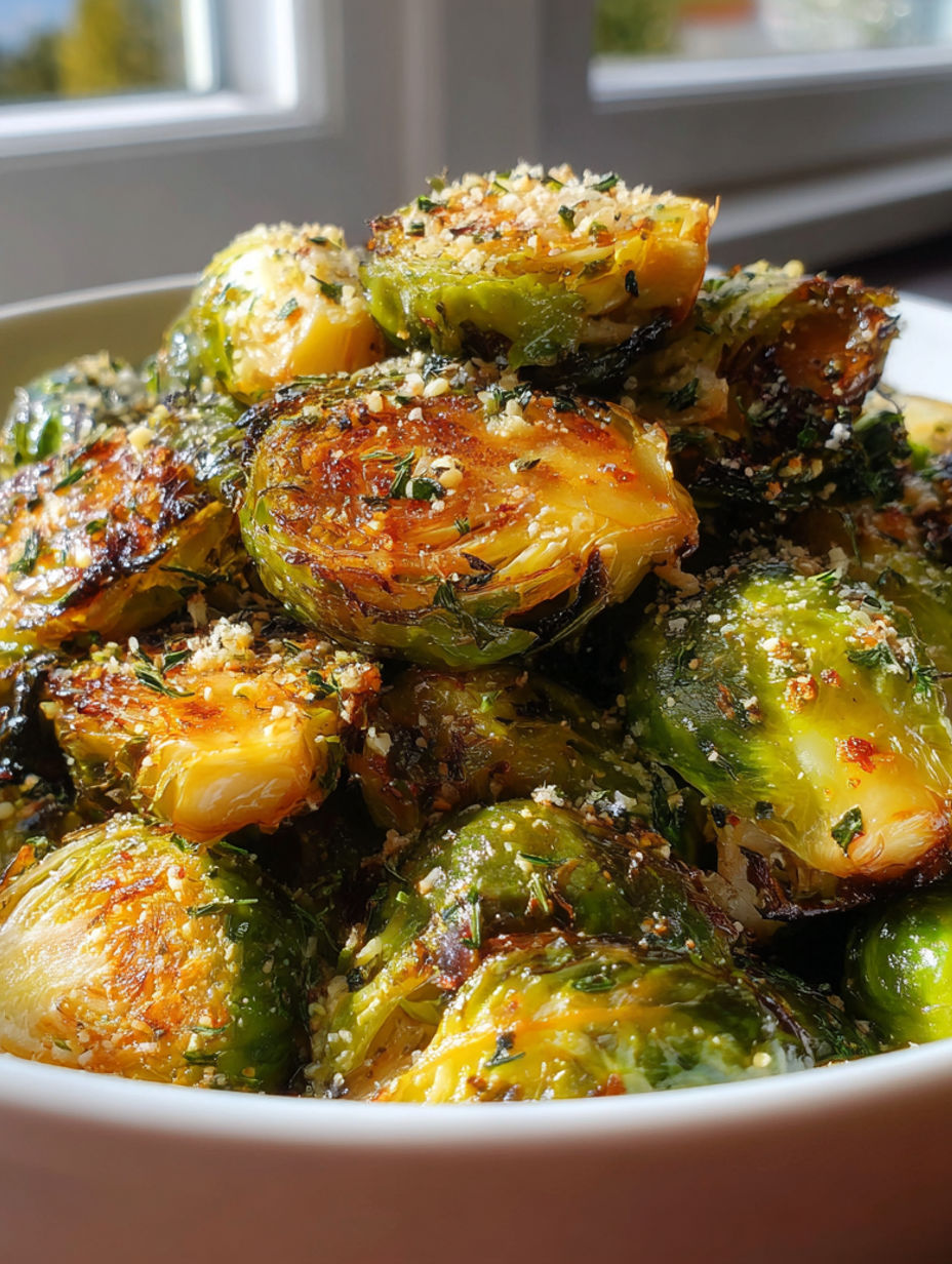 A bowl of air fryer Brussels sprouts.