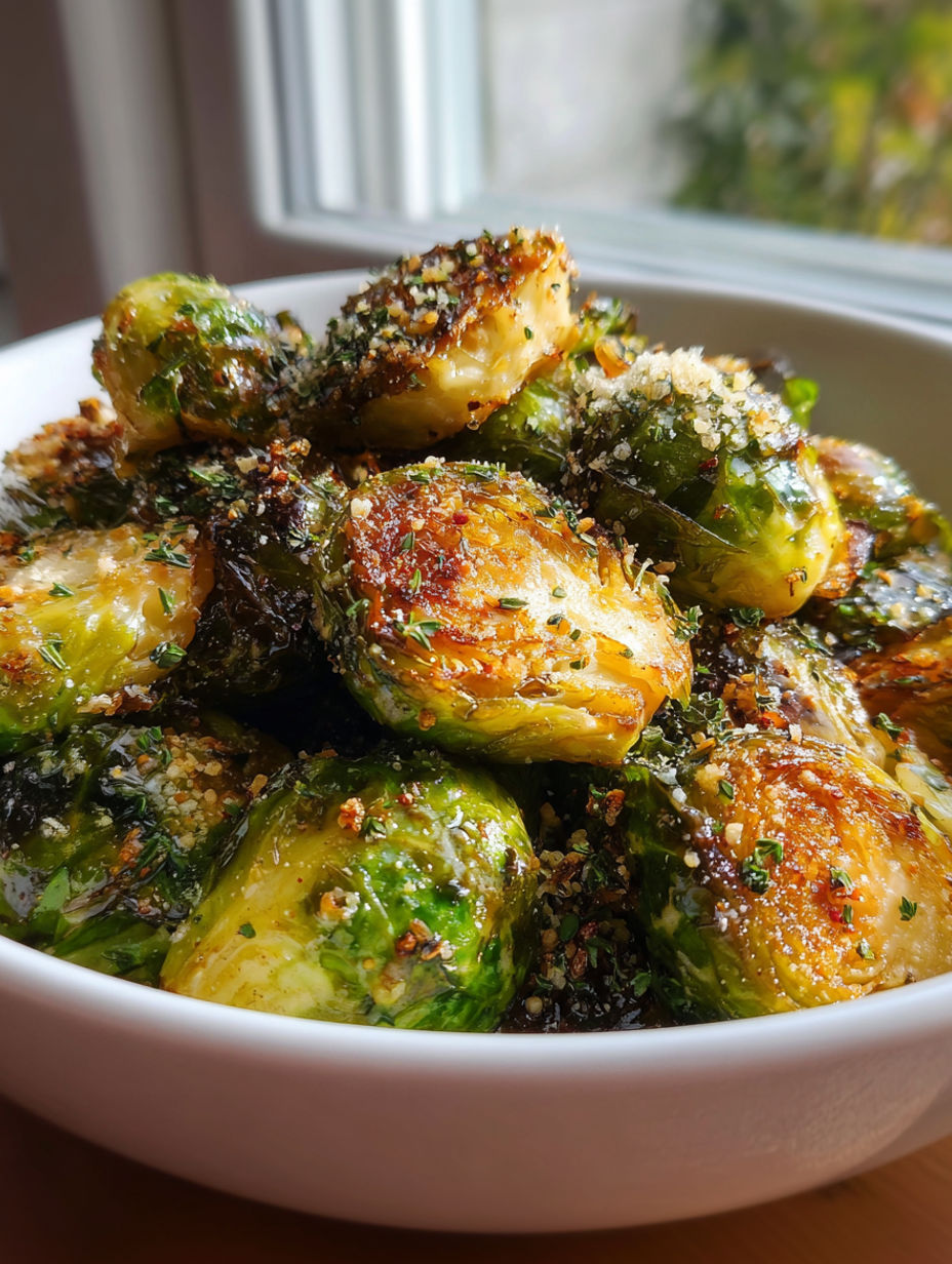 A bowl of air fryer Brussels sprouts.