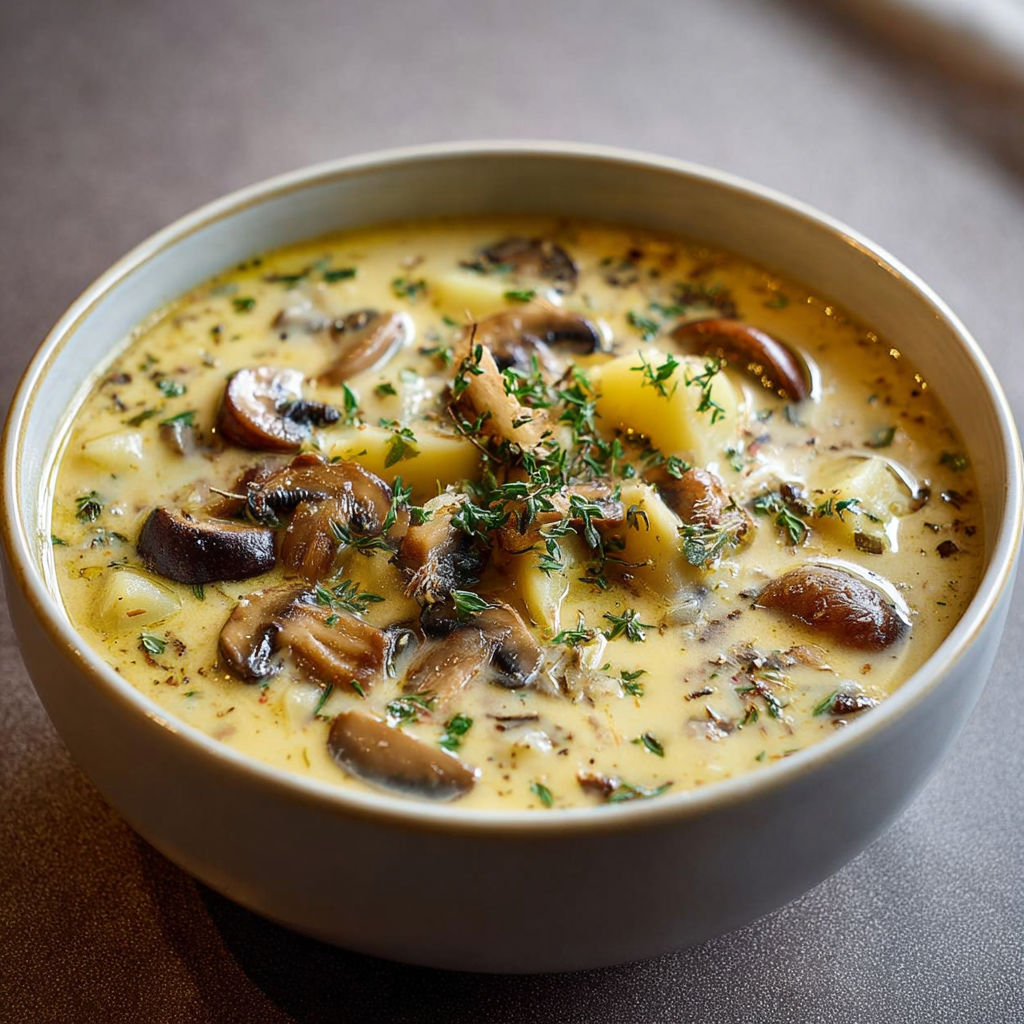 A bowl of soup with mushrooms and herbs.