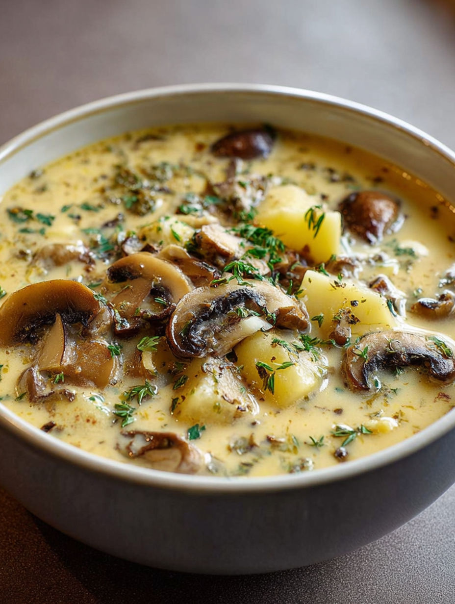 A bowl of soup with mushrooms and potatoes.