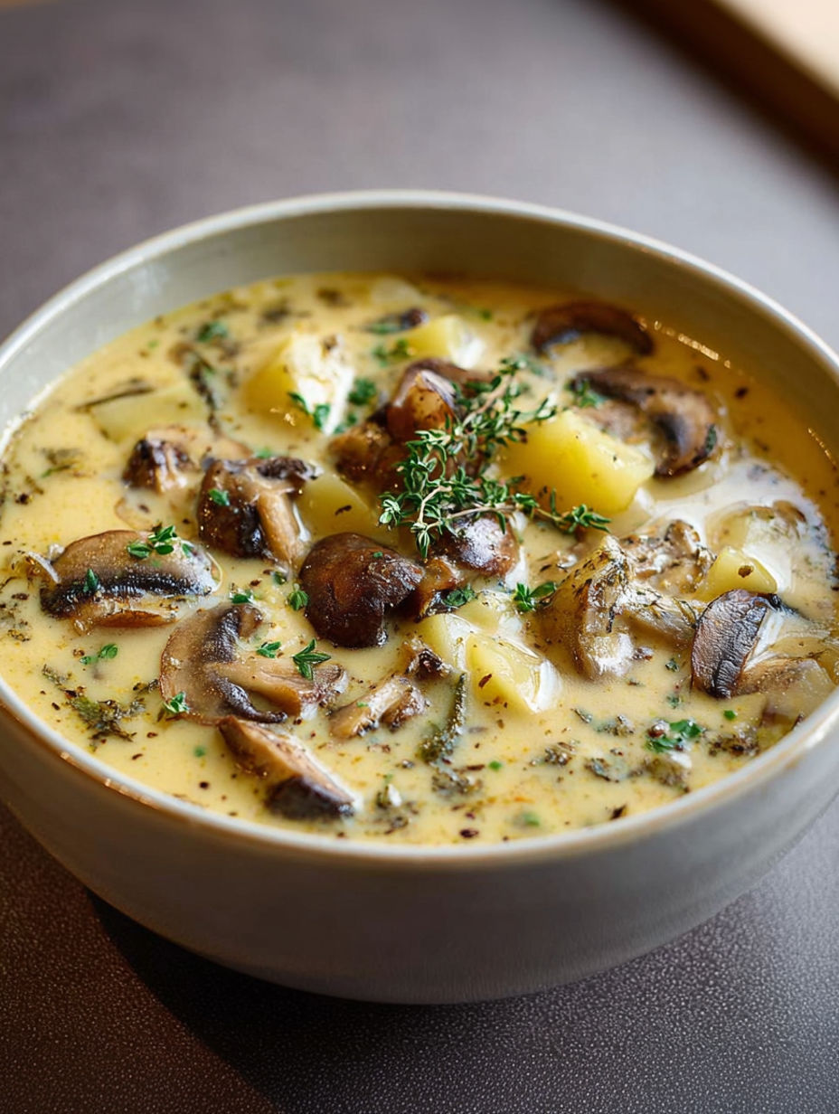 A bowl of soup with mushrooms and potatoes.