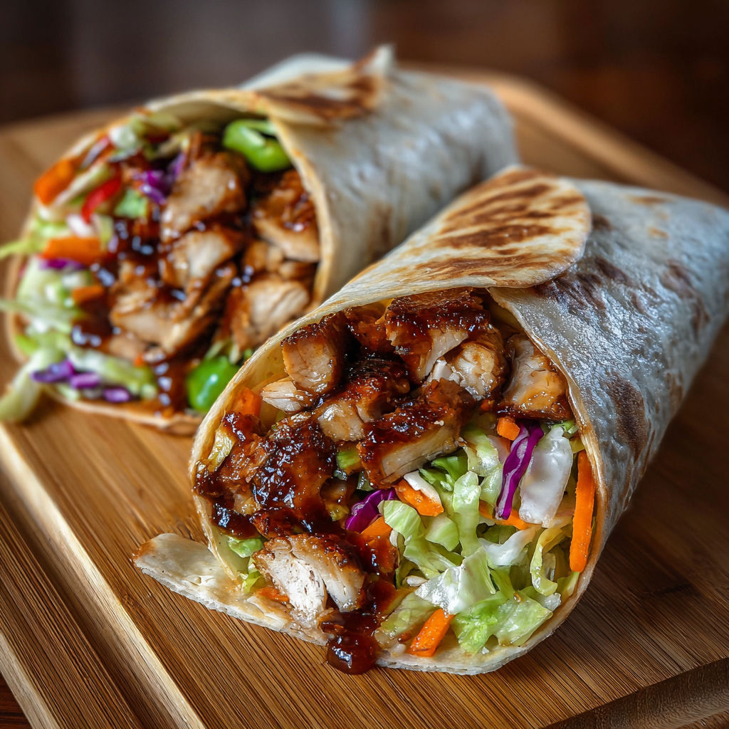 A teriyaki chicken wrap with vegetables.