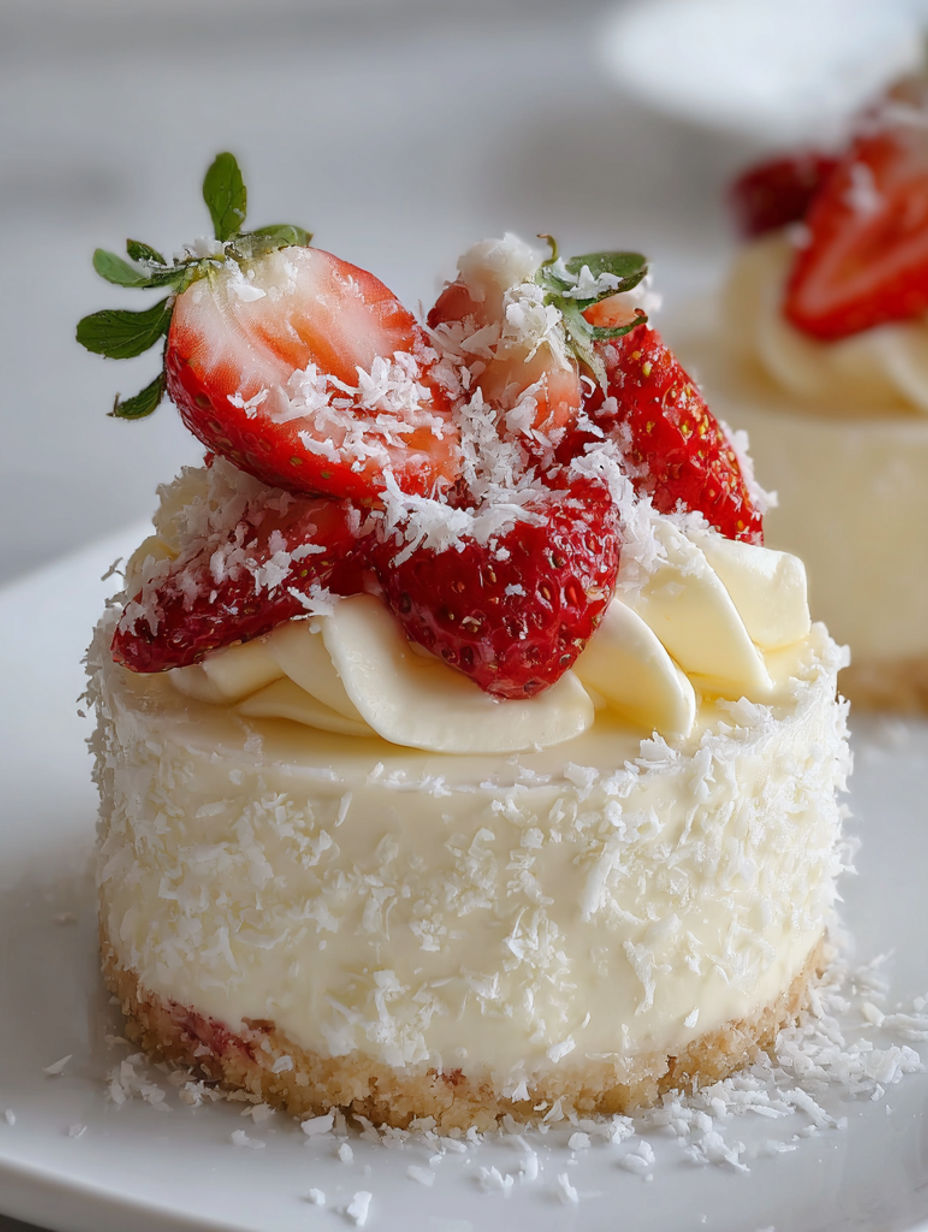 A slice of white chocolate dessert with strawberries on top.