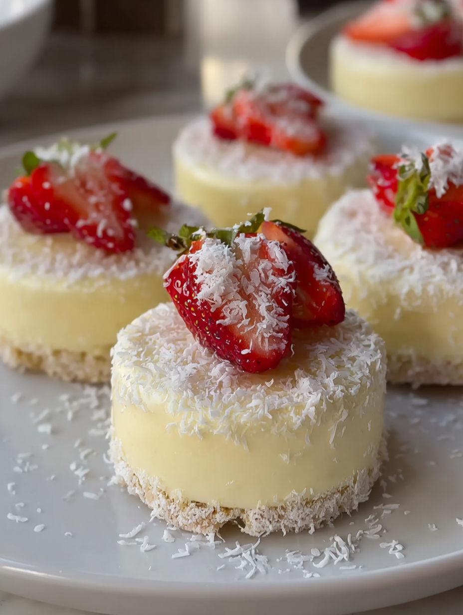 White chocolate desserts with strawberries on top.
