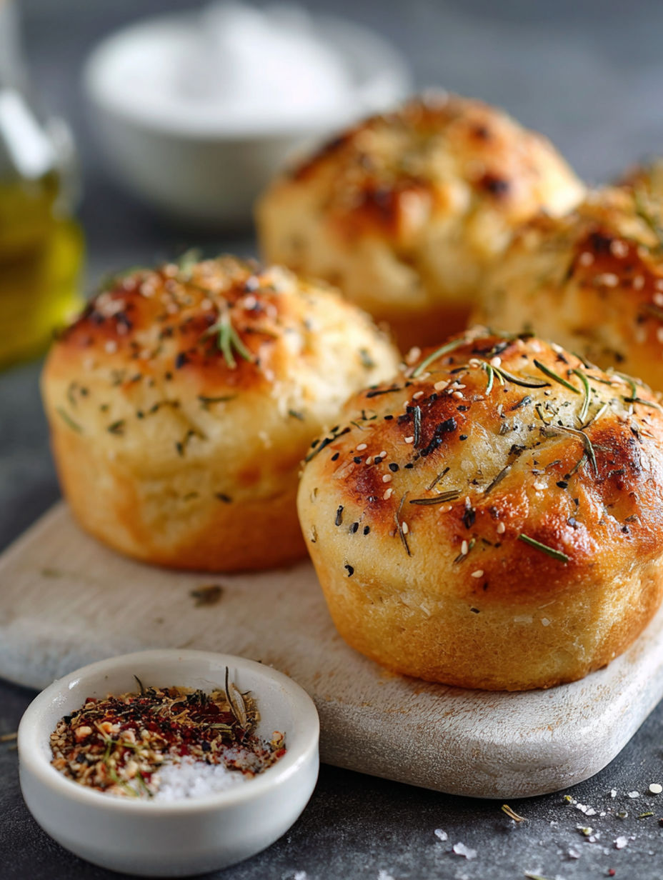 Three muffins with herbs on top.