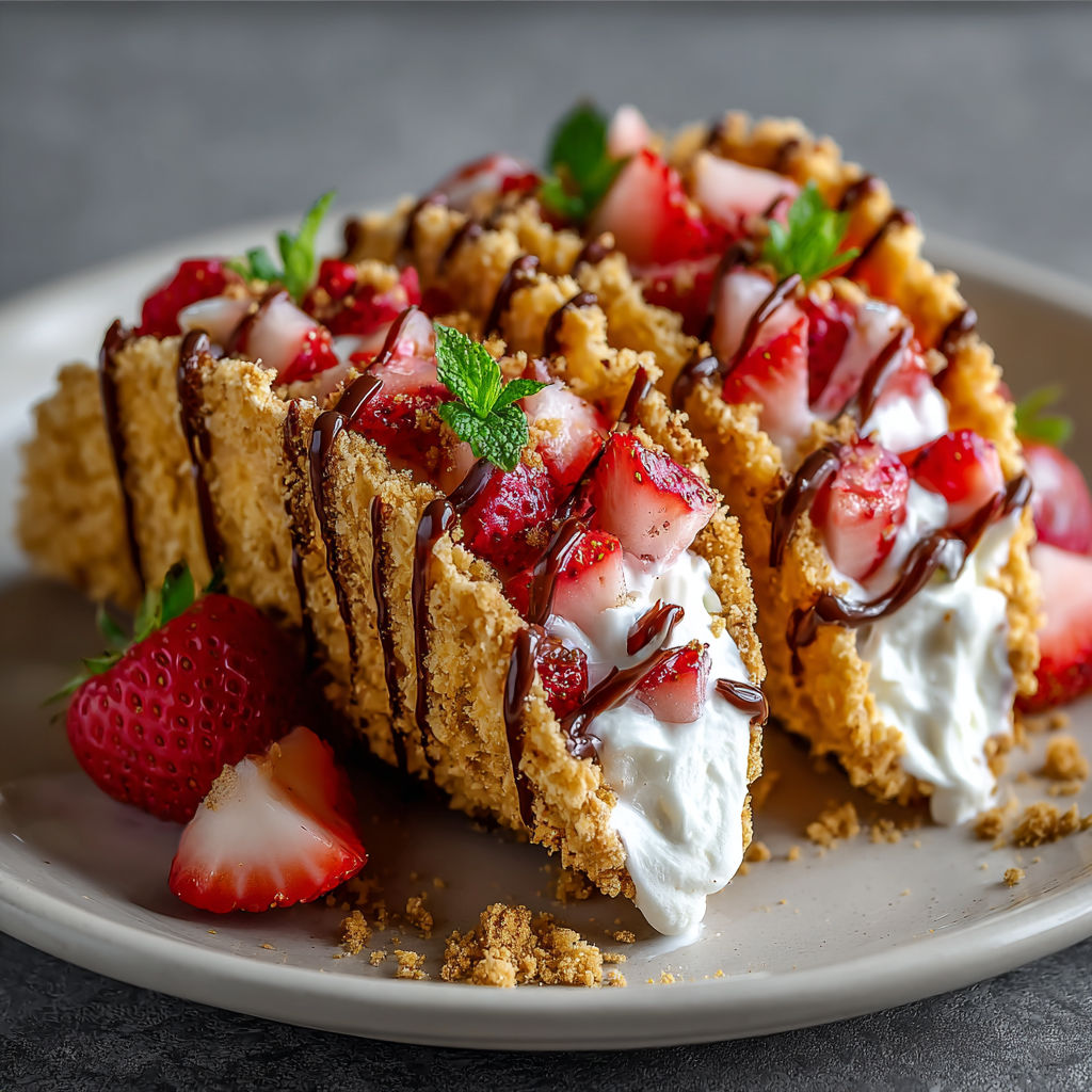 A plate of strawberry crunch cheesecake tacos.