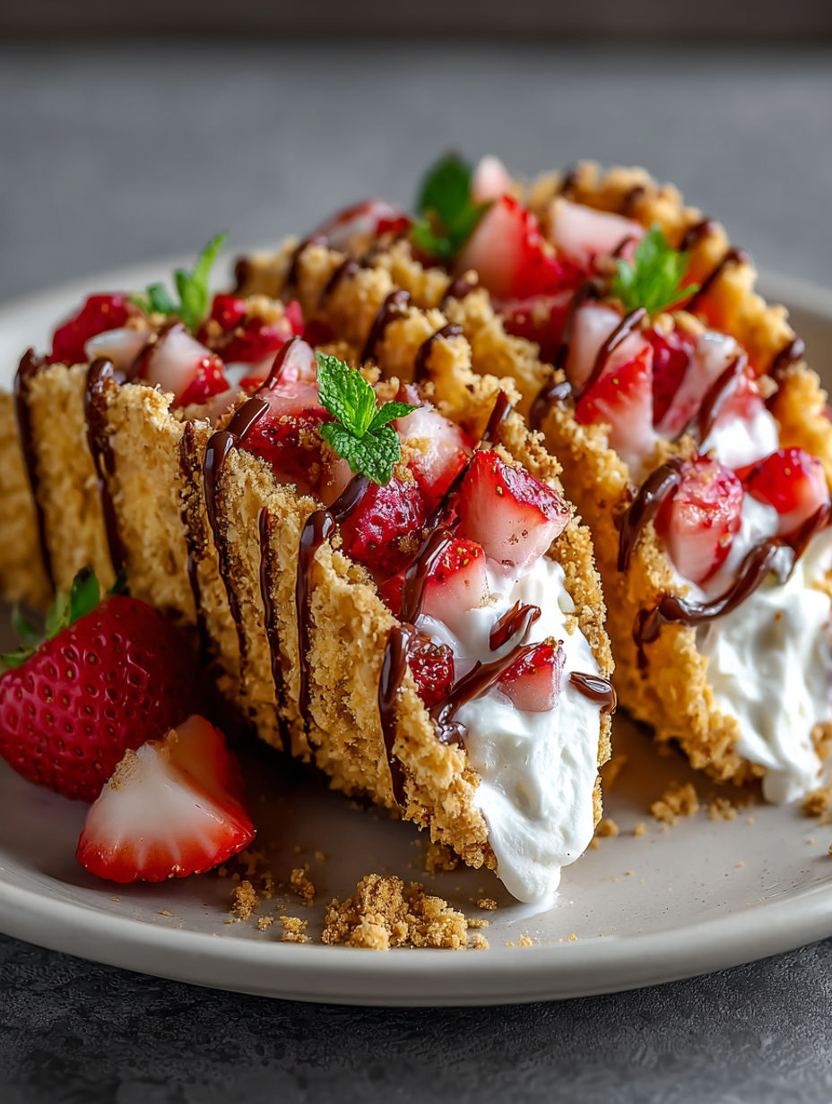 A plate of strawberry crunch cheesecake tacos.