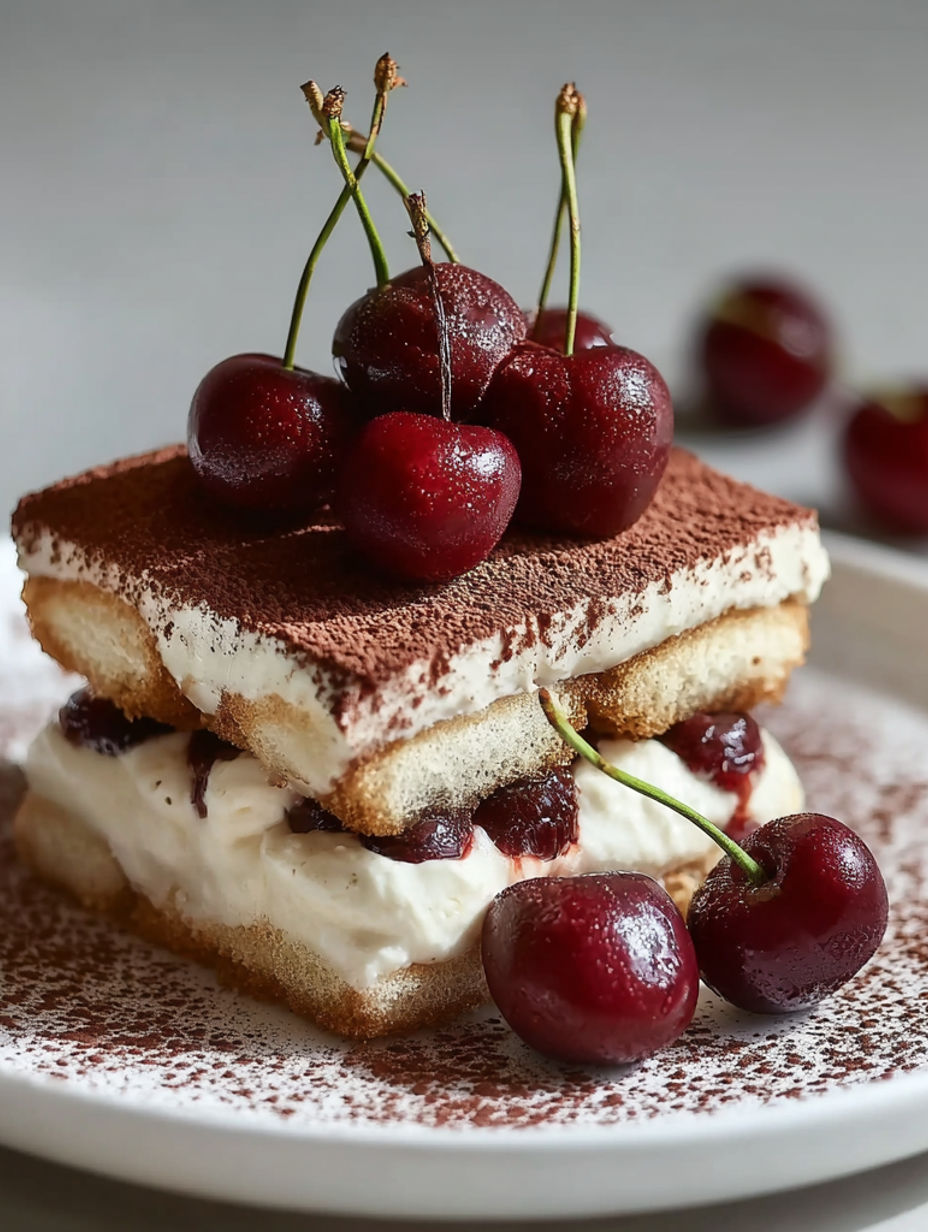 A slice of cake with cherries on top.