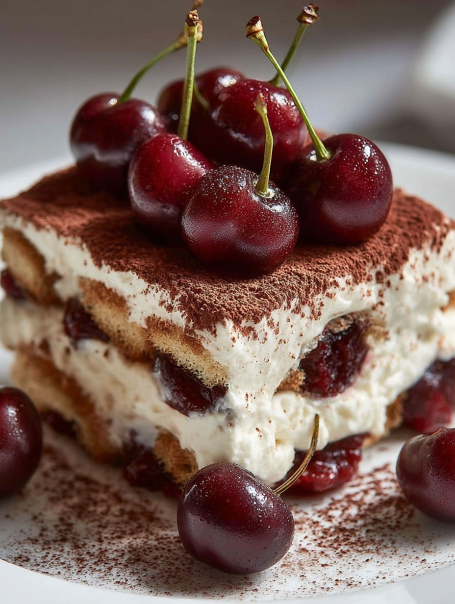 A slice of cake with cherries on top.
