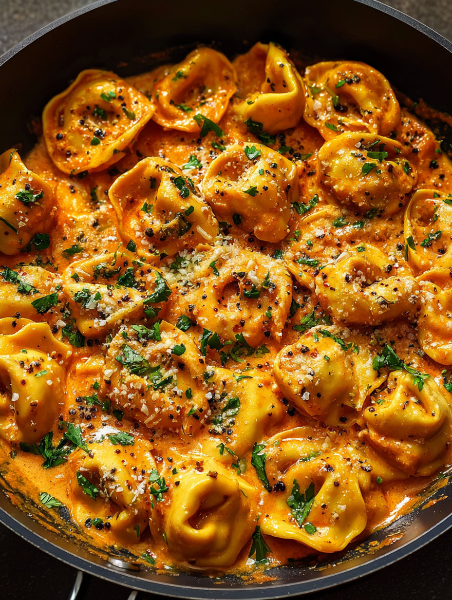 A bowl of pasta with a spicy garlic butter sauce.