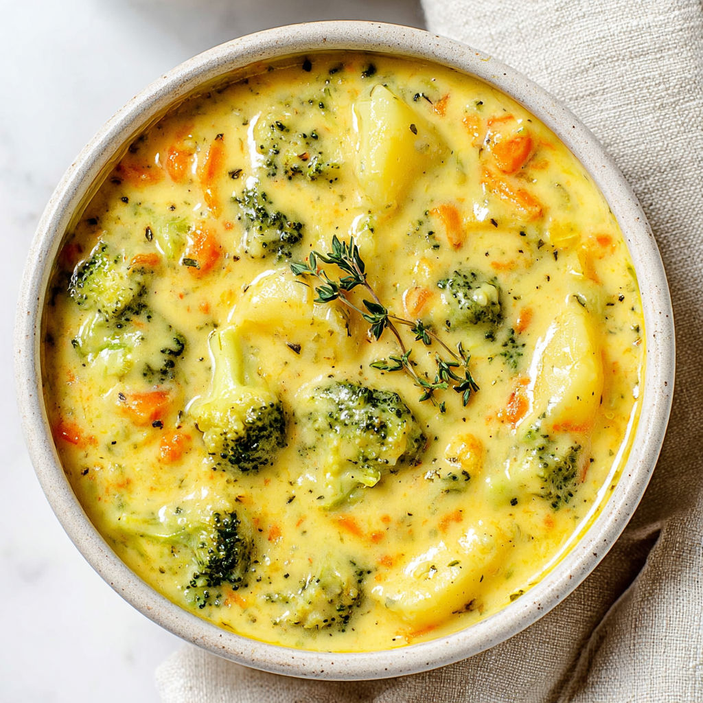 A bowl of soup with broccoli and potatoes.