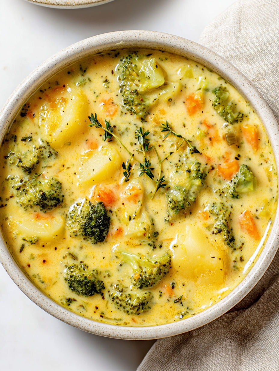 A bowl of soup with broccoli and potatoes.