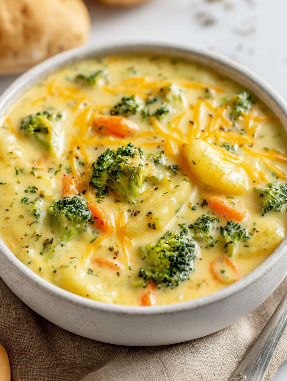A bowl of soup with broccoli and potatoes.