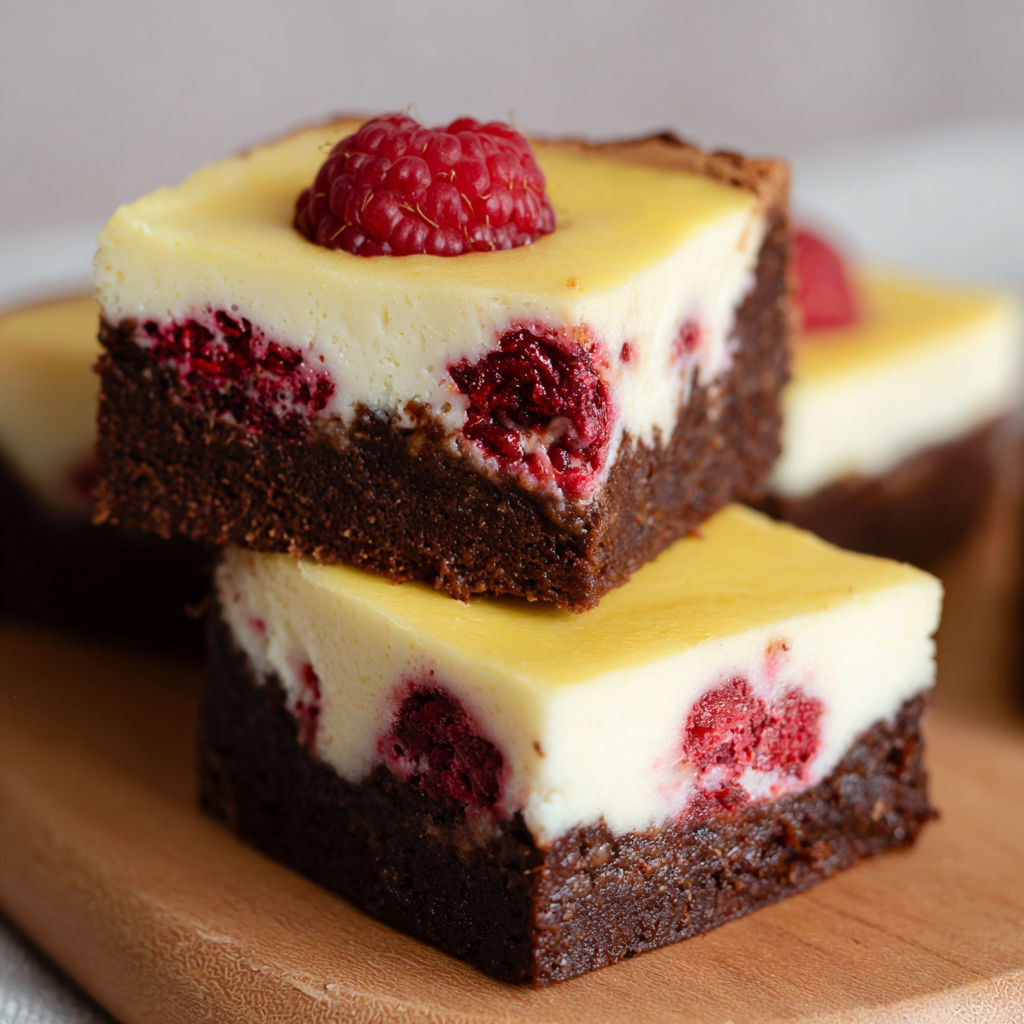 A slice of cheesecake brownies with raspberries on top.