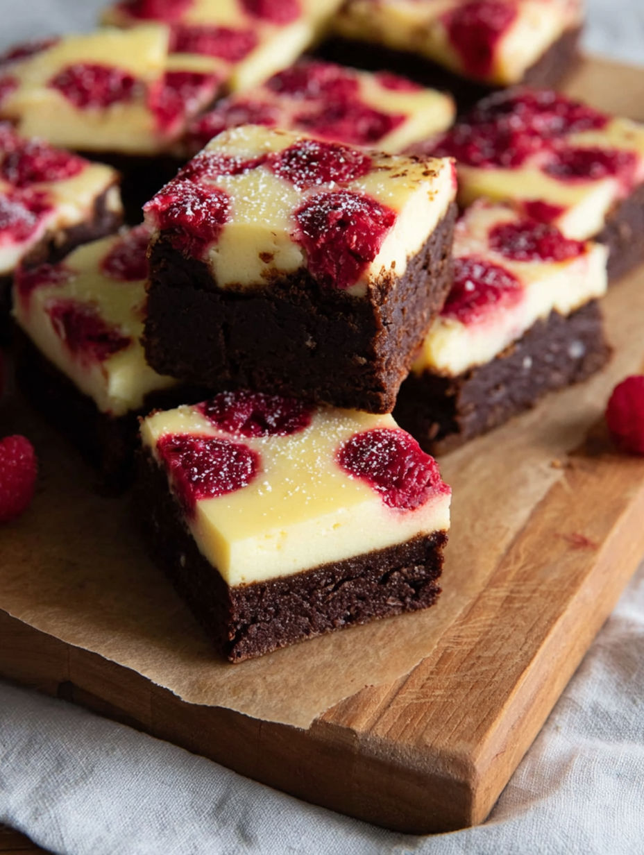 A plate of brownies with raspberries on top.