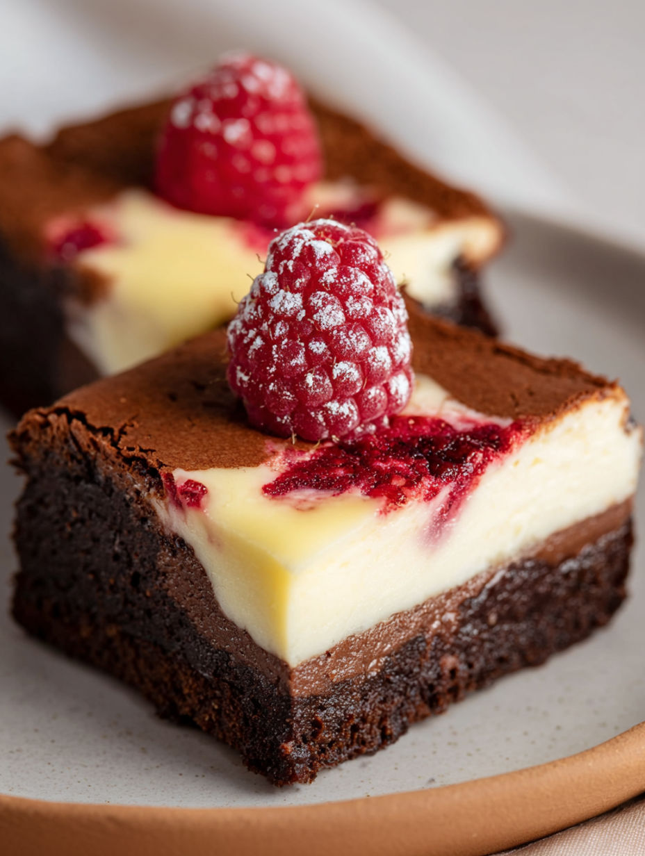 A slice of chocolate cheesecake with a raspberry on top.