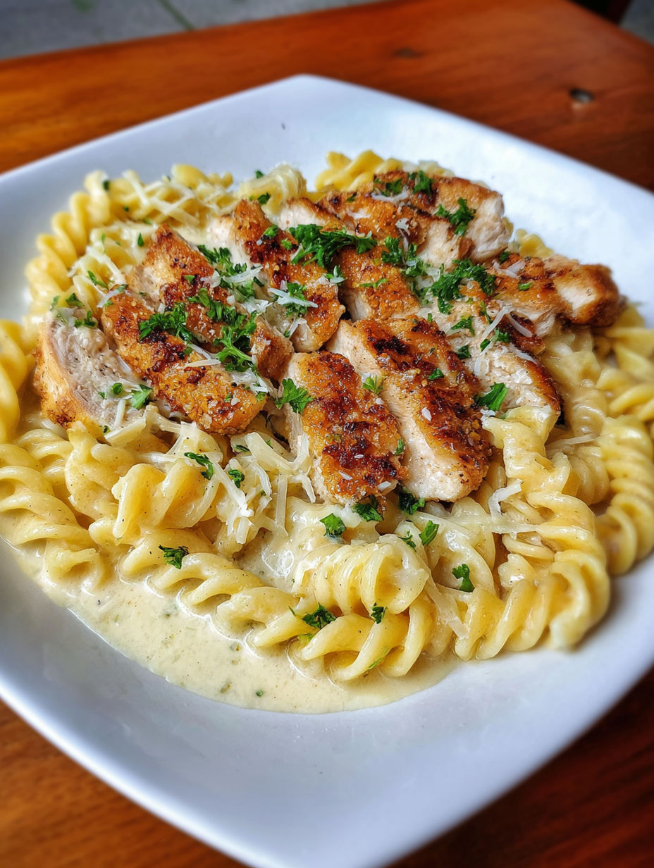 A plate of chicken with a creamy sauce and herbs.