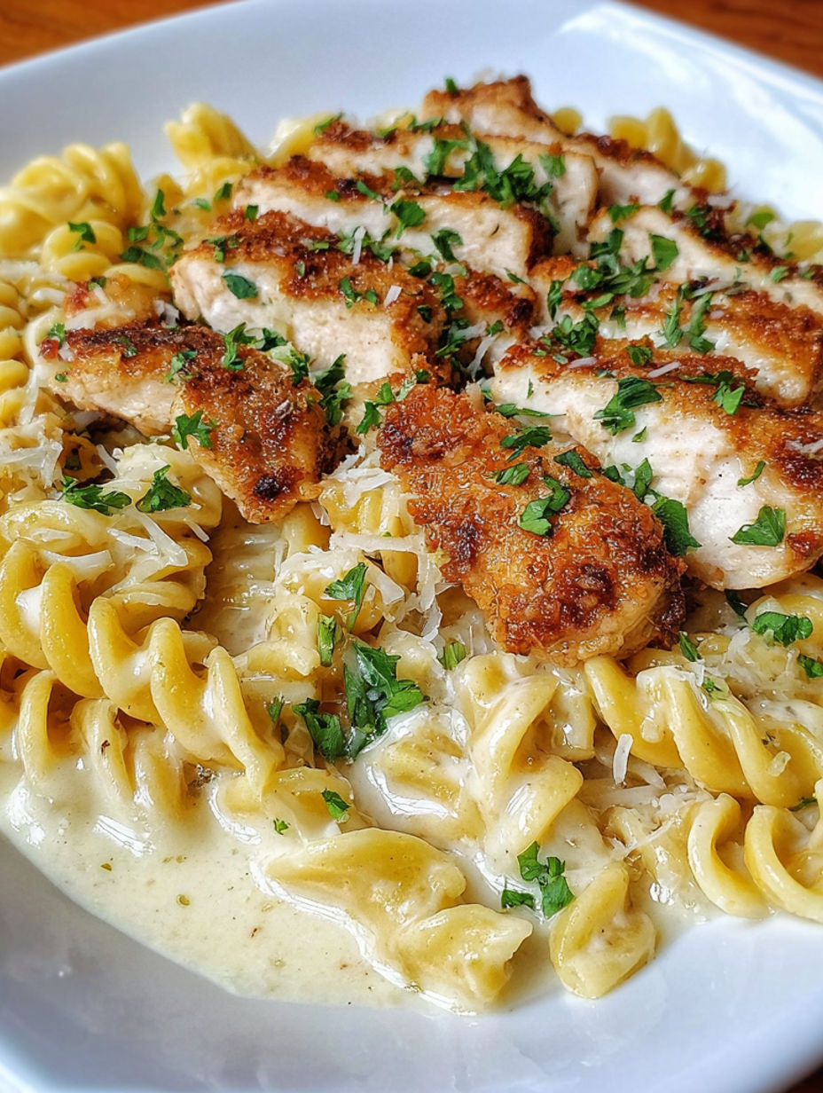 A plate of food with chicken, noodles, and herbs.