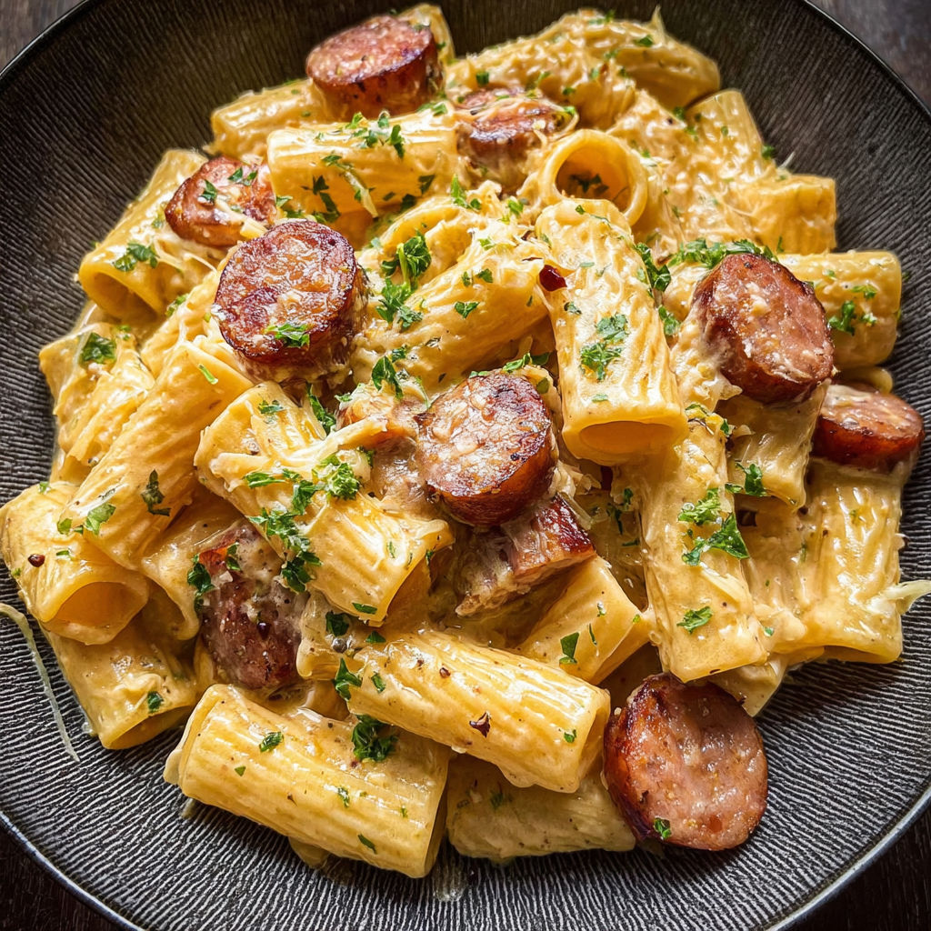 A bowl of pasta with sausage and herbs.