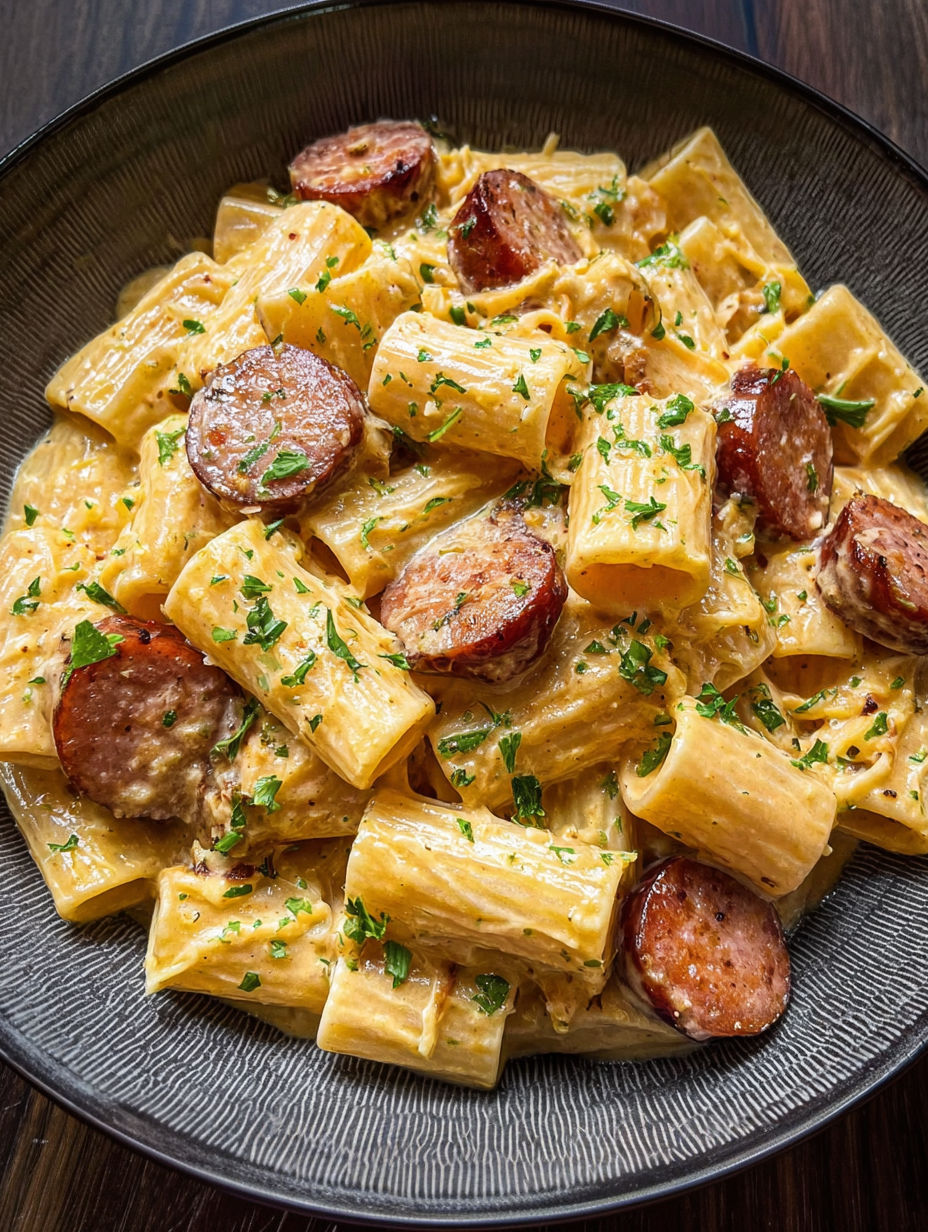 A bowl of pasta with sausage and green herbs.