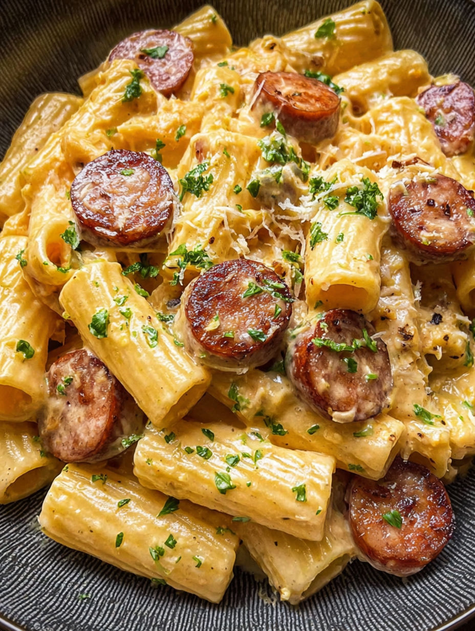 A bowl of pasta with sausage and green herbs on top.