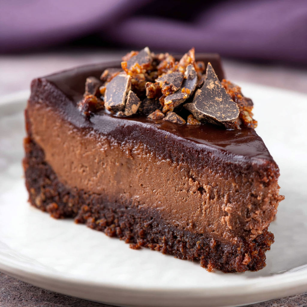 A slice of chocolate cheesecake with chocolate chips on top.