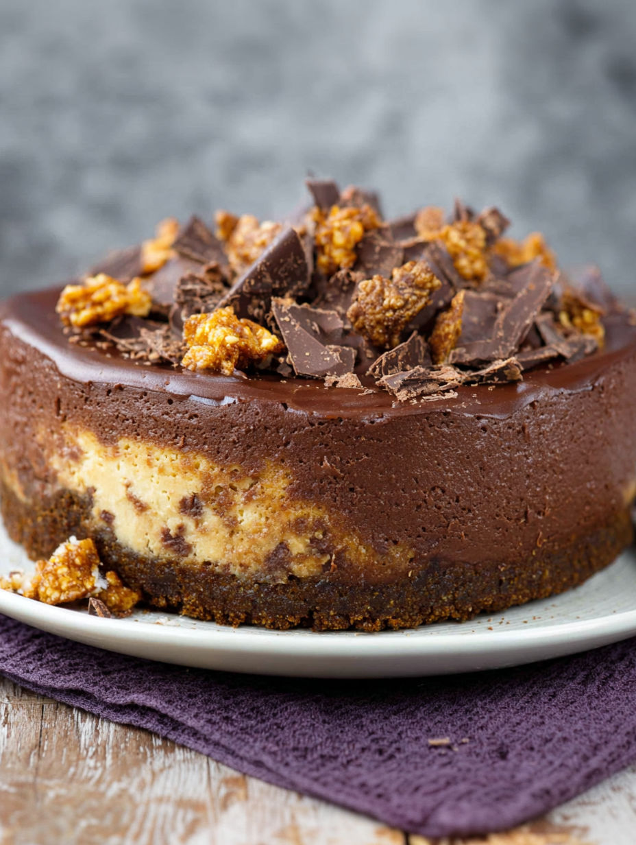 A slice of chocolate cheesecake with chocolate chips on top.