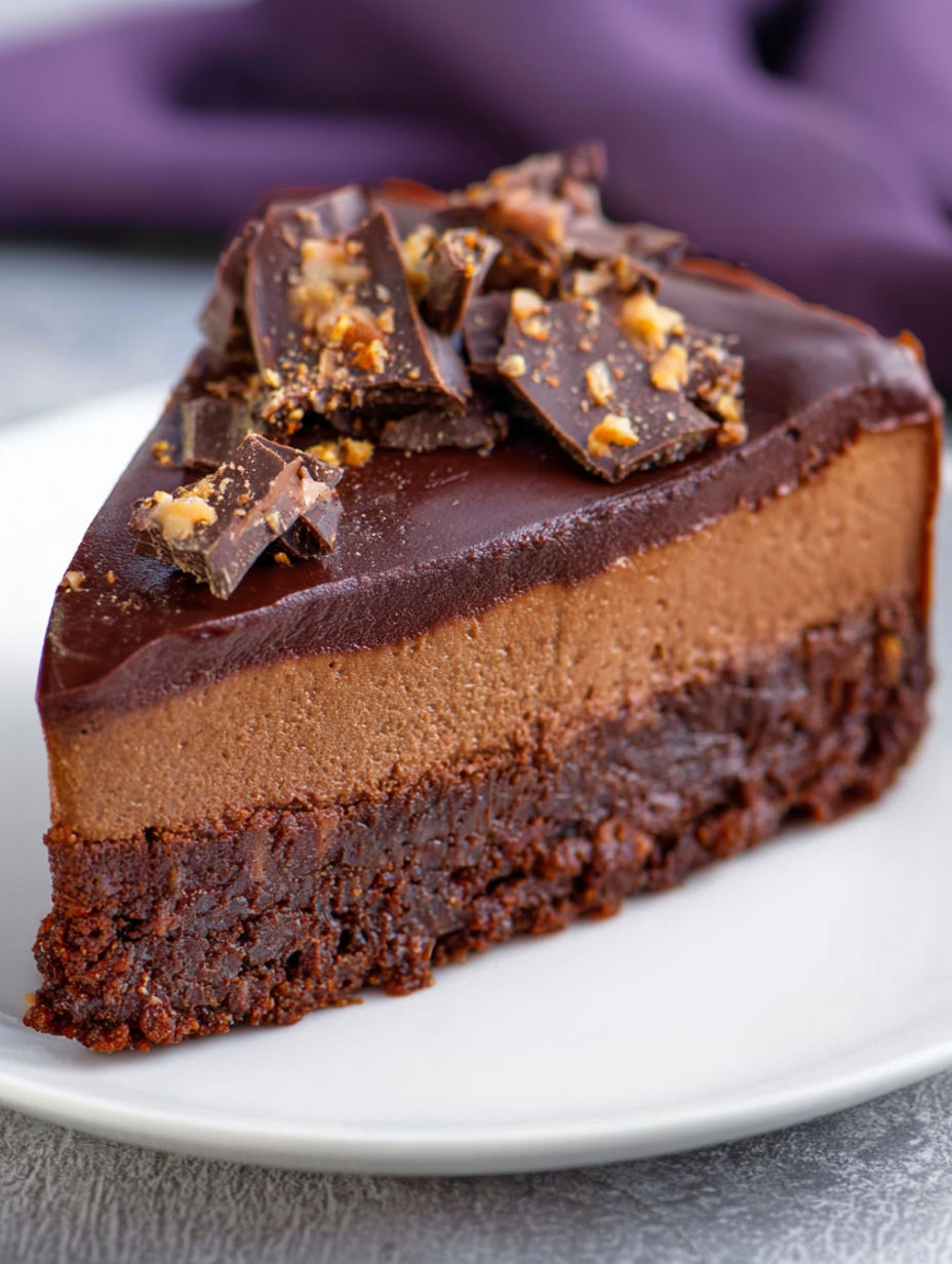 A slice of chocolate cheesecake with chocolate chips on top.