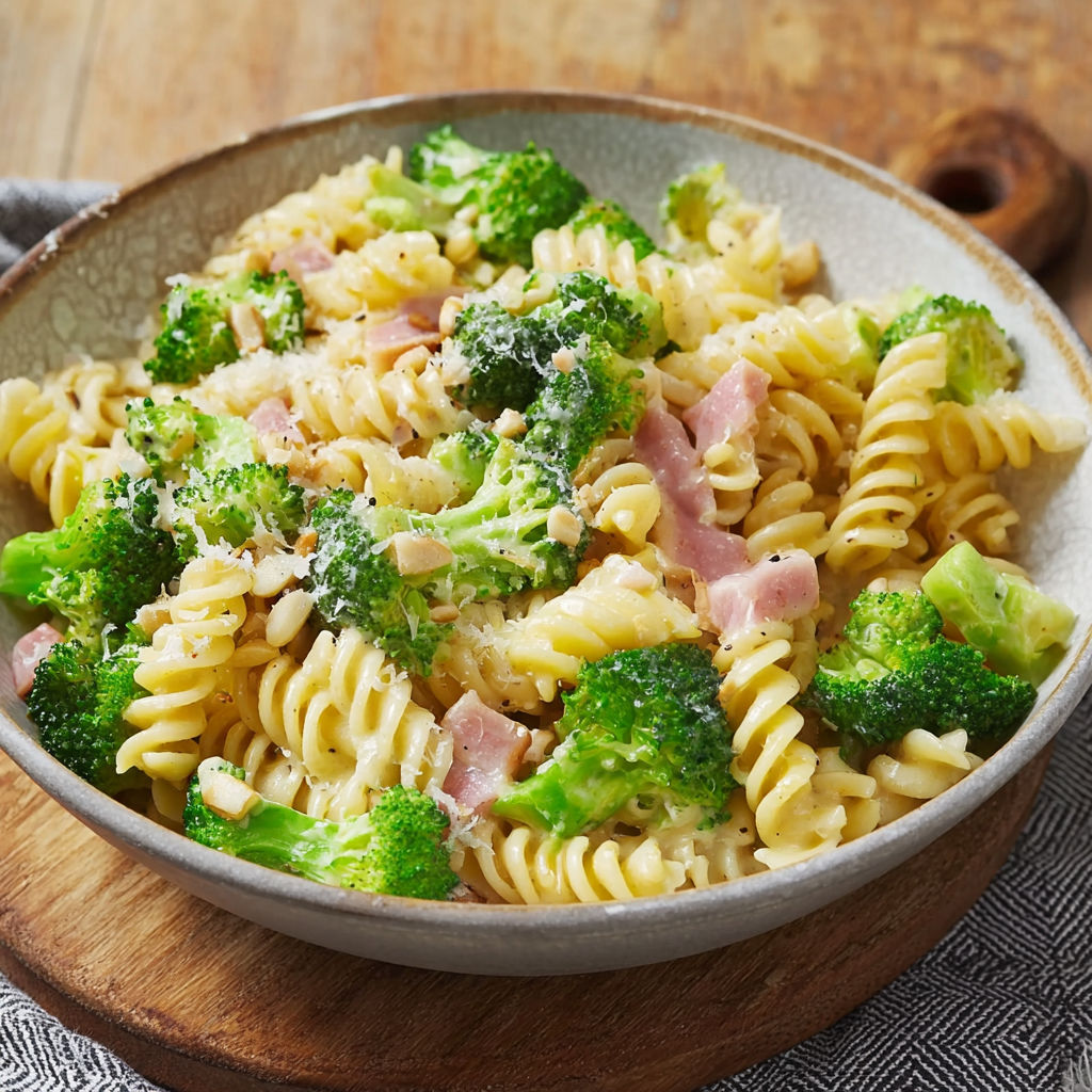A bowl of pasta with broccoli and ham.