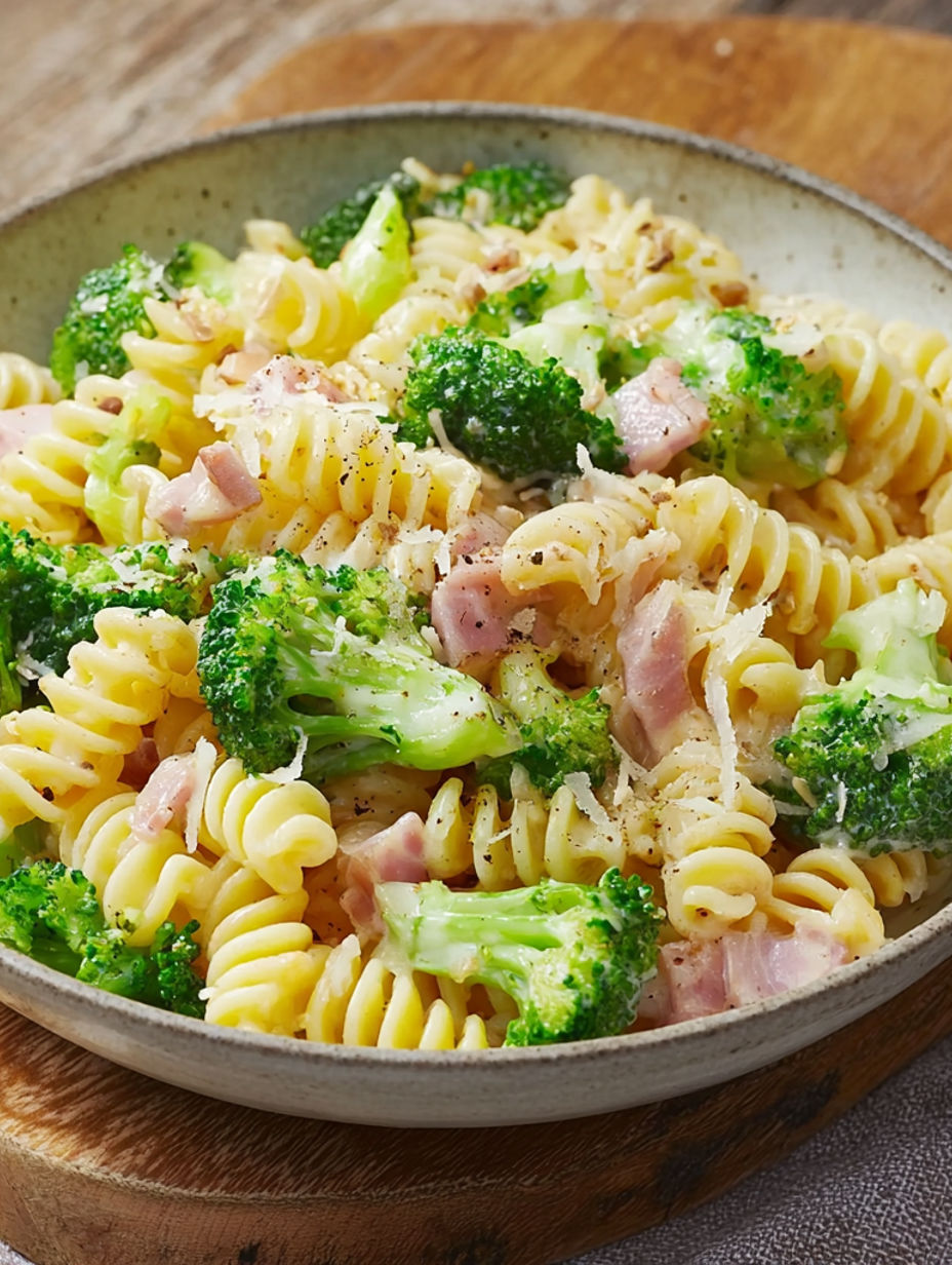 A bowl of pasta with broccoli and ham.