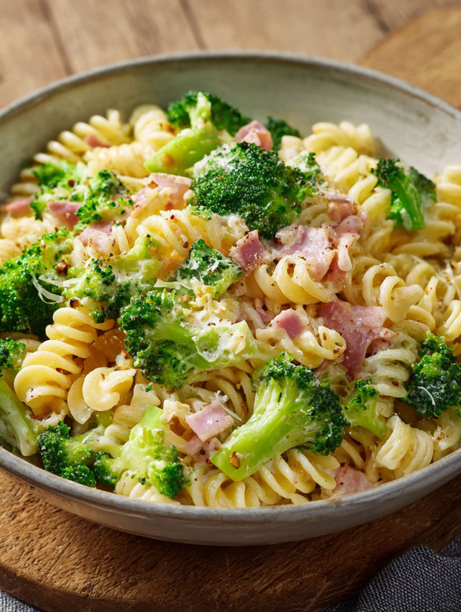 A bowl of pasta with broccoli and ham.
