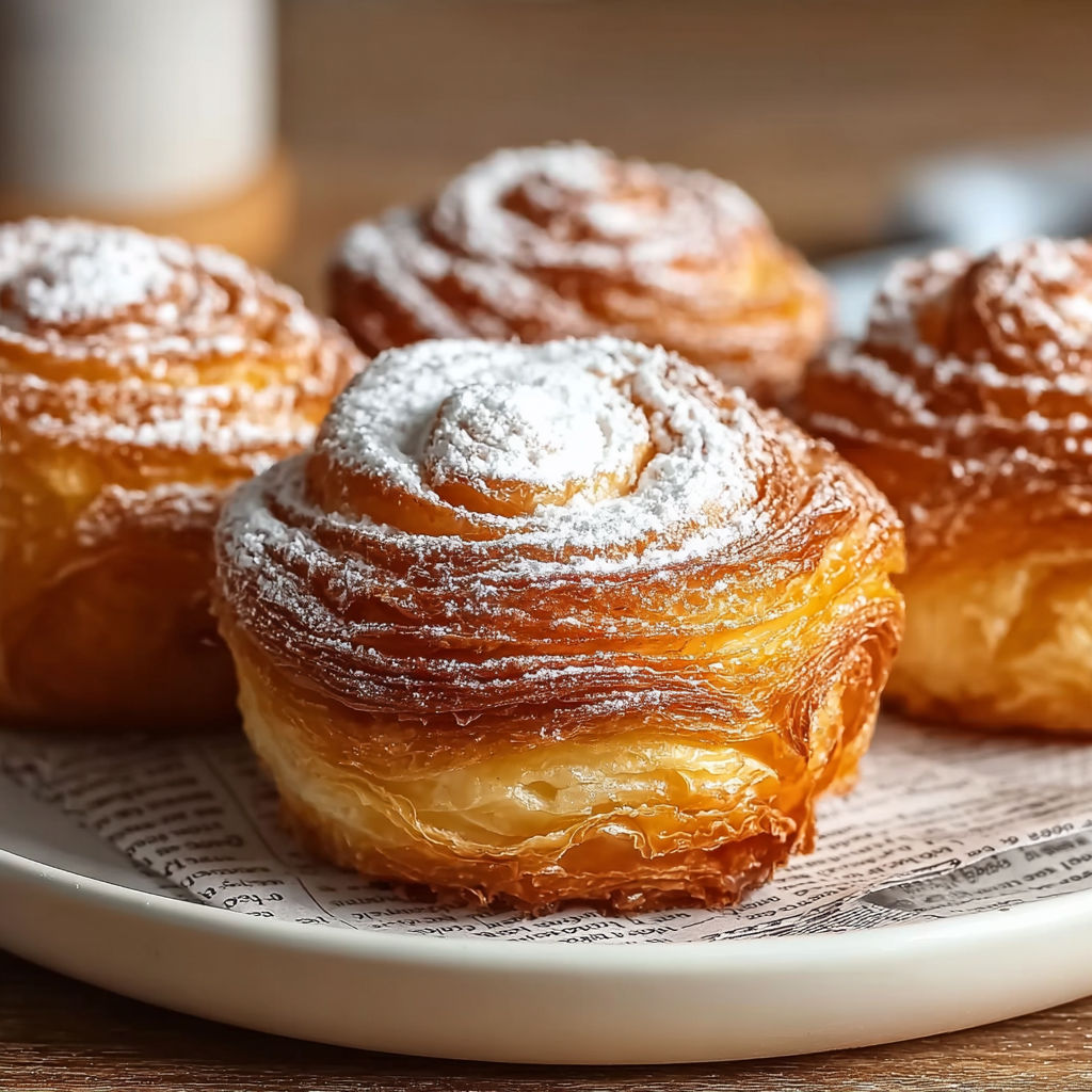 A plate of cruffins with powdered sugar on top.