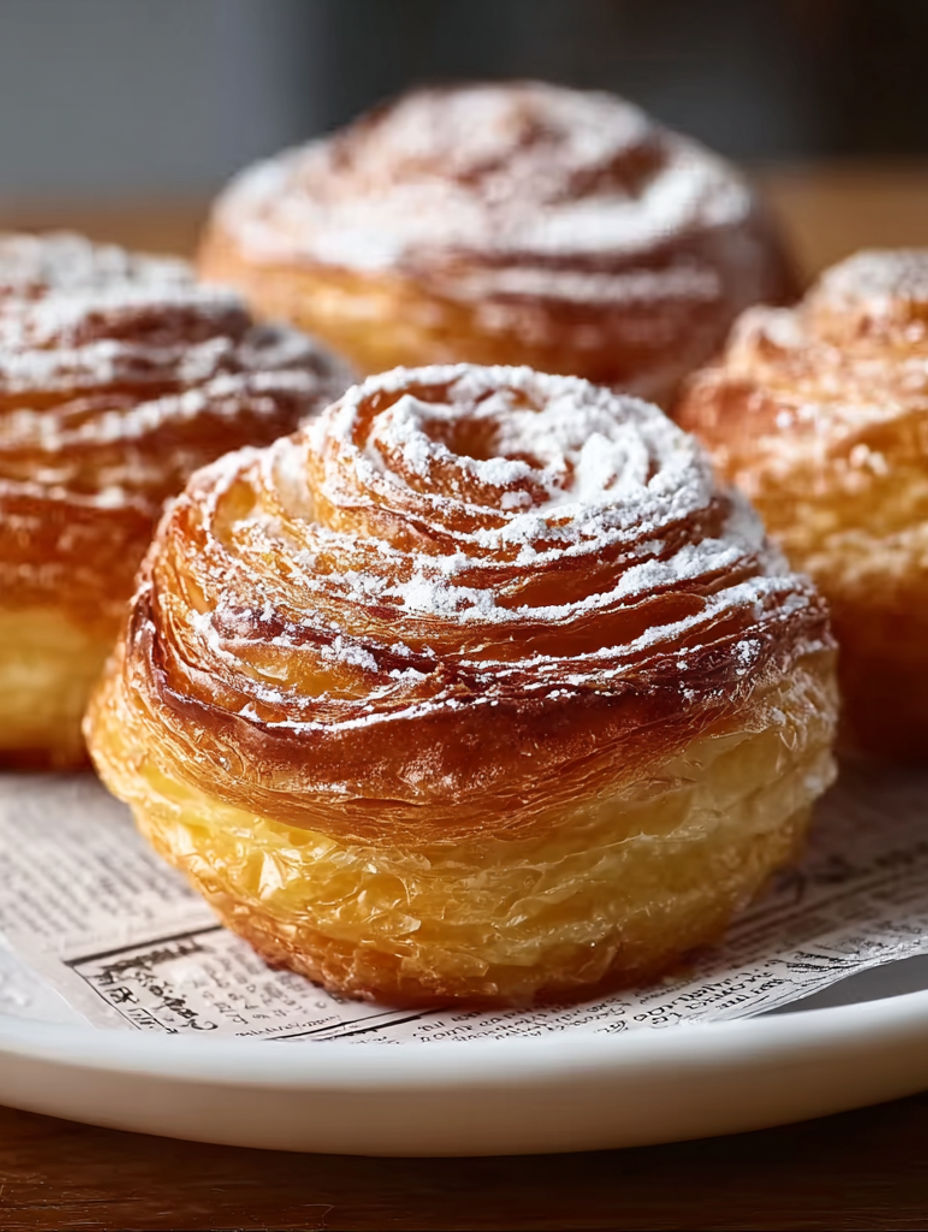 A plate of cruffins with powdered sugar on top.