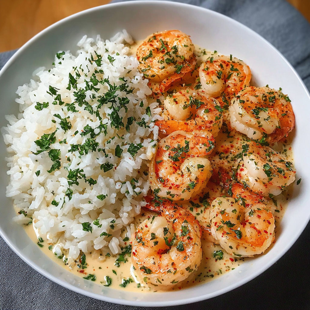 A bowl of shrimp and rice with green herbs.