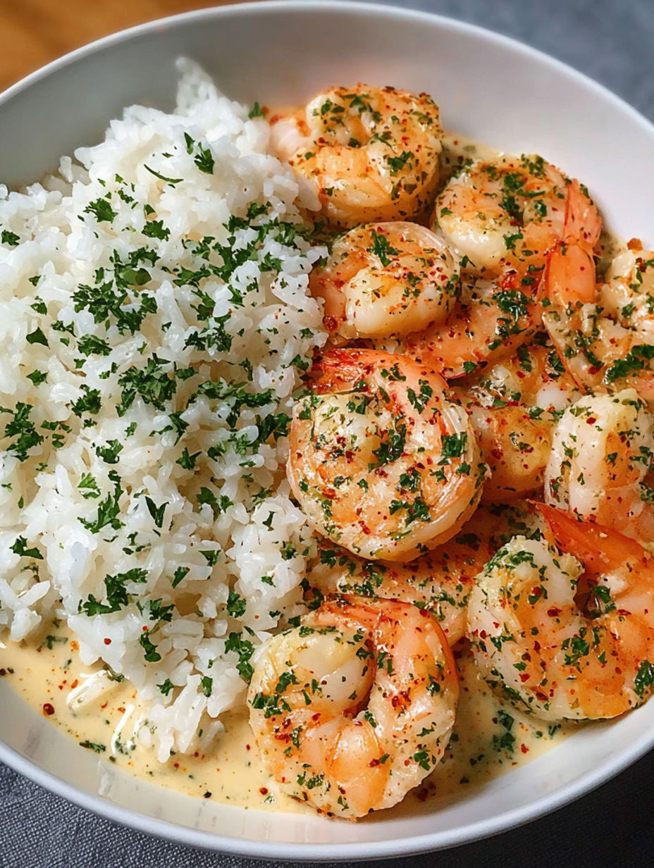 A bowl of shrimp and rice with green herbs on top.