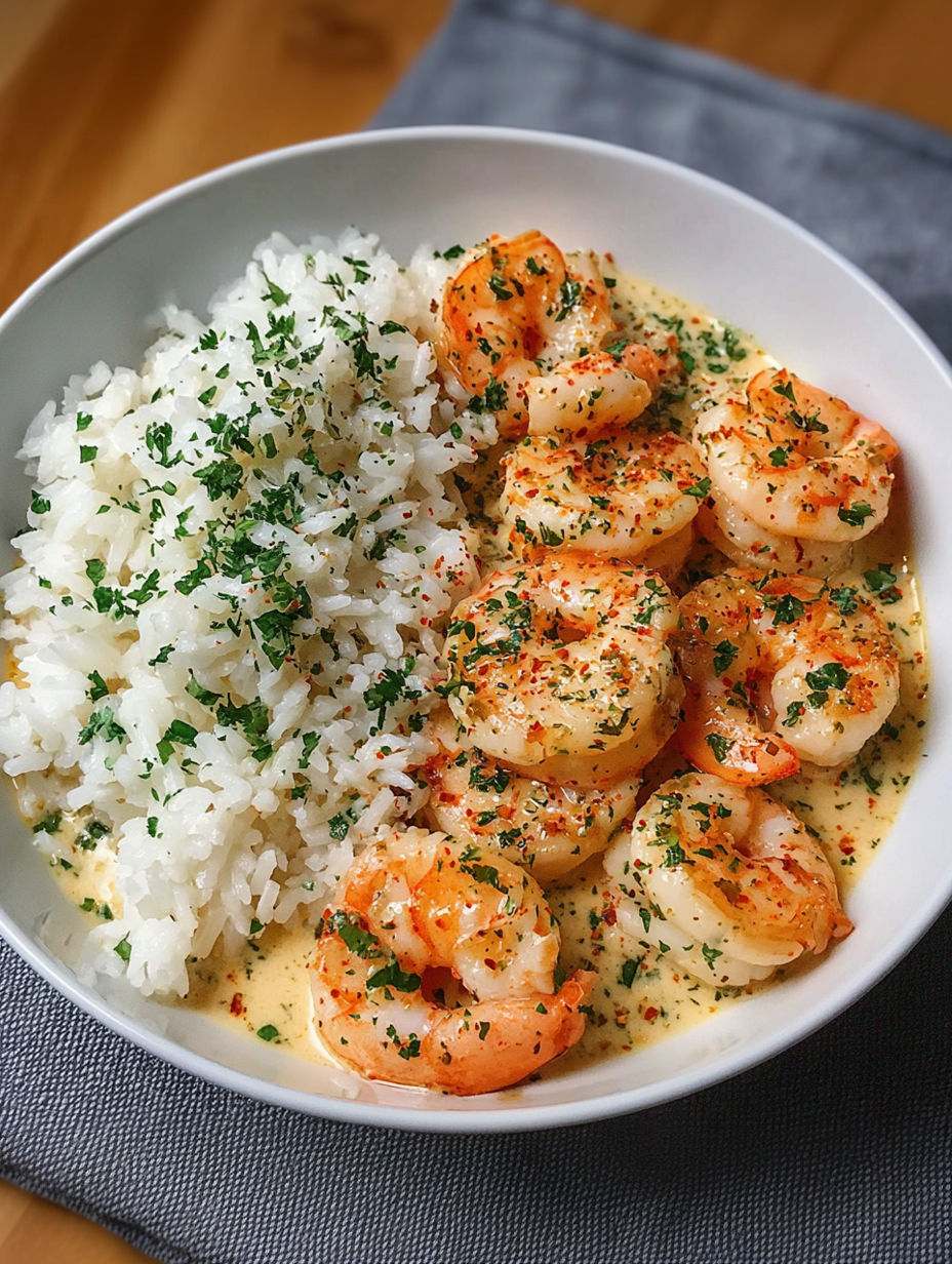 A bowl of shrimp and rice with a green garnish.