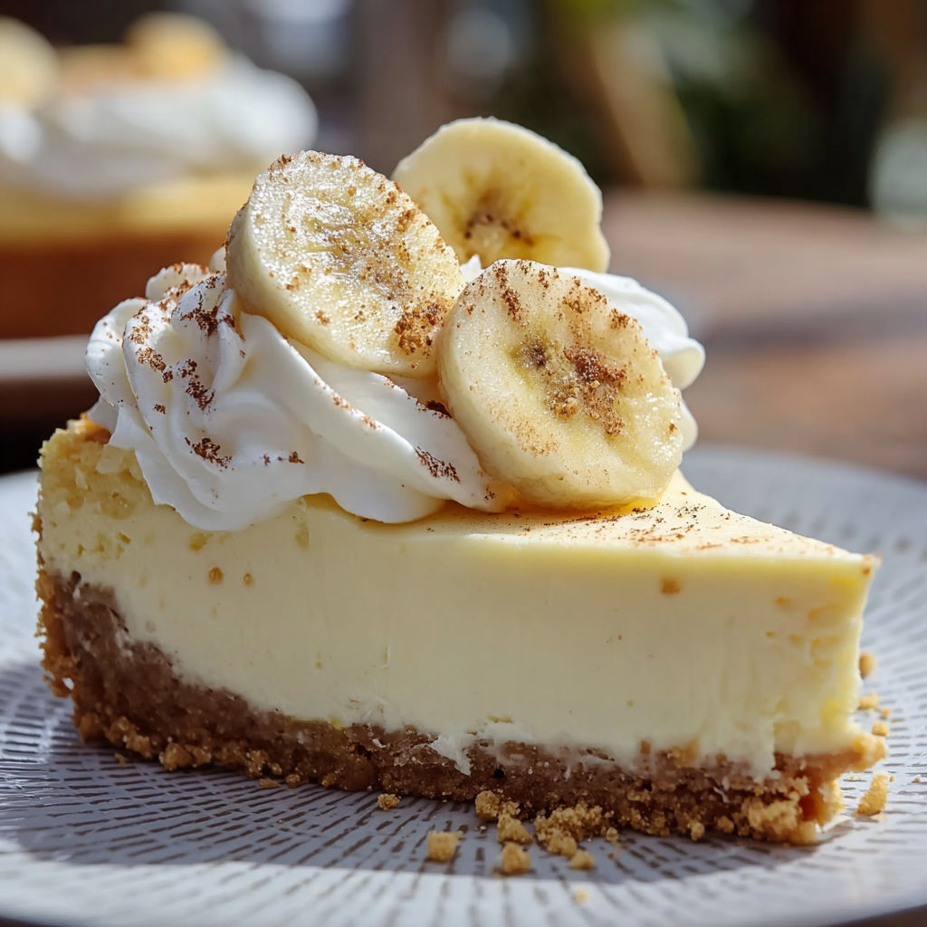 A slice of banana cream cheesecake.
