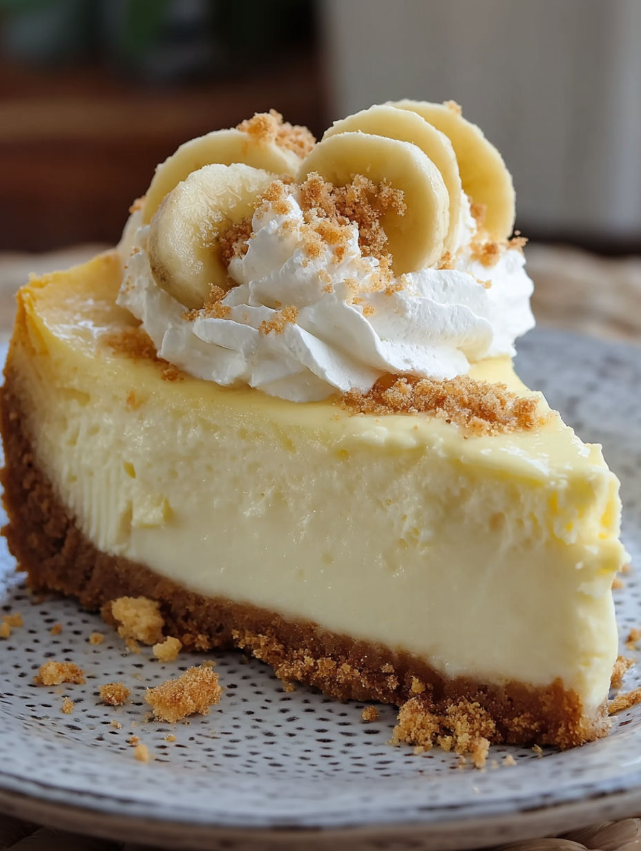 A slice of cheesecake with bananas on top.