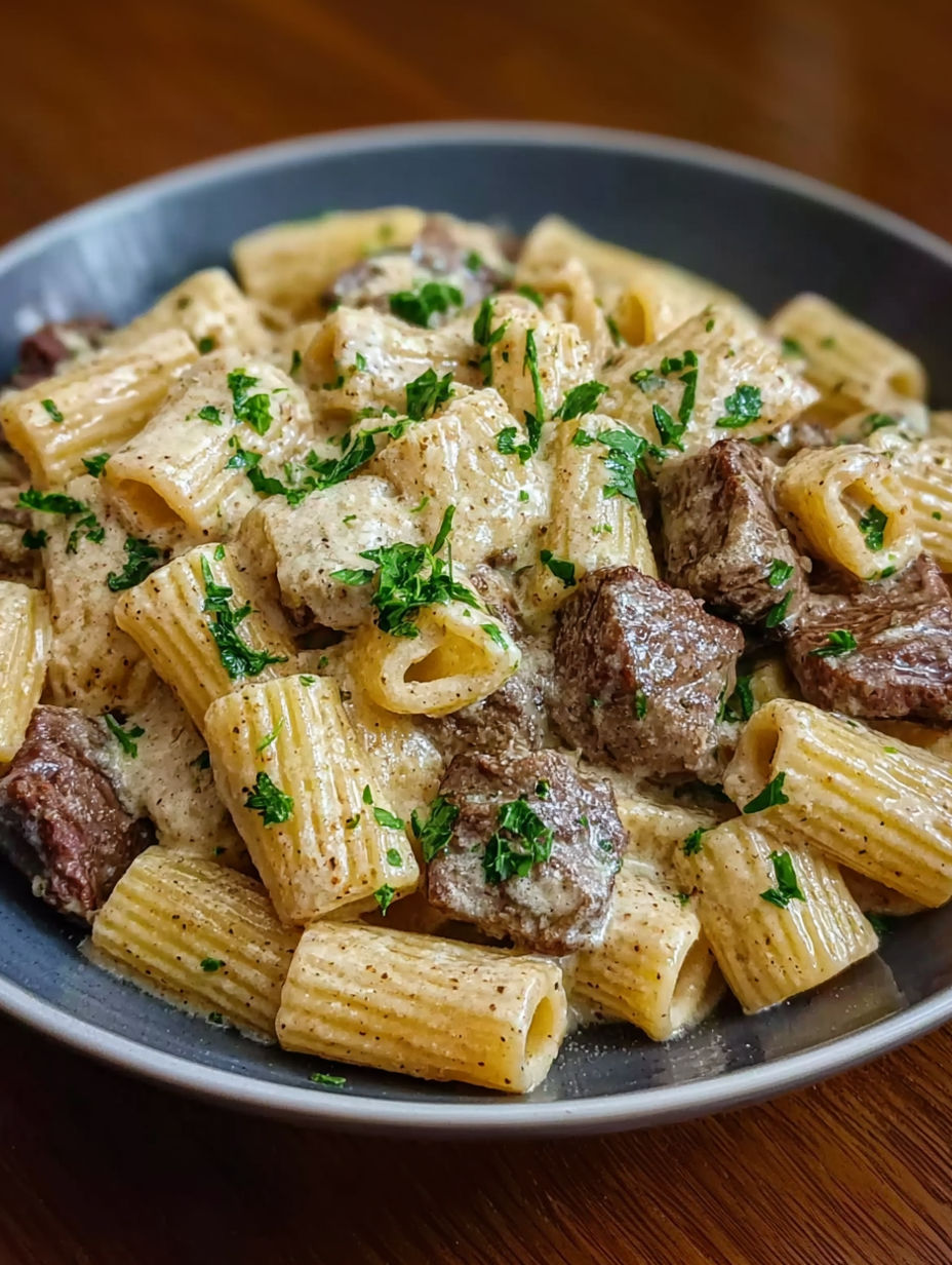 A bowl of pasta with meat and cheese.