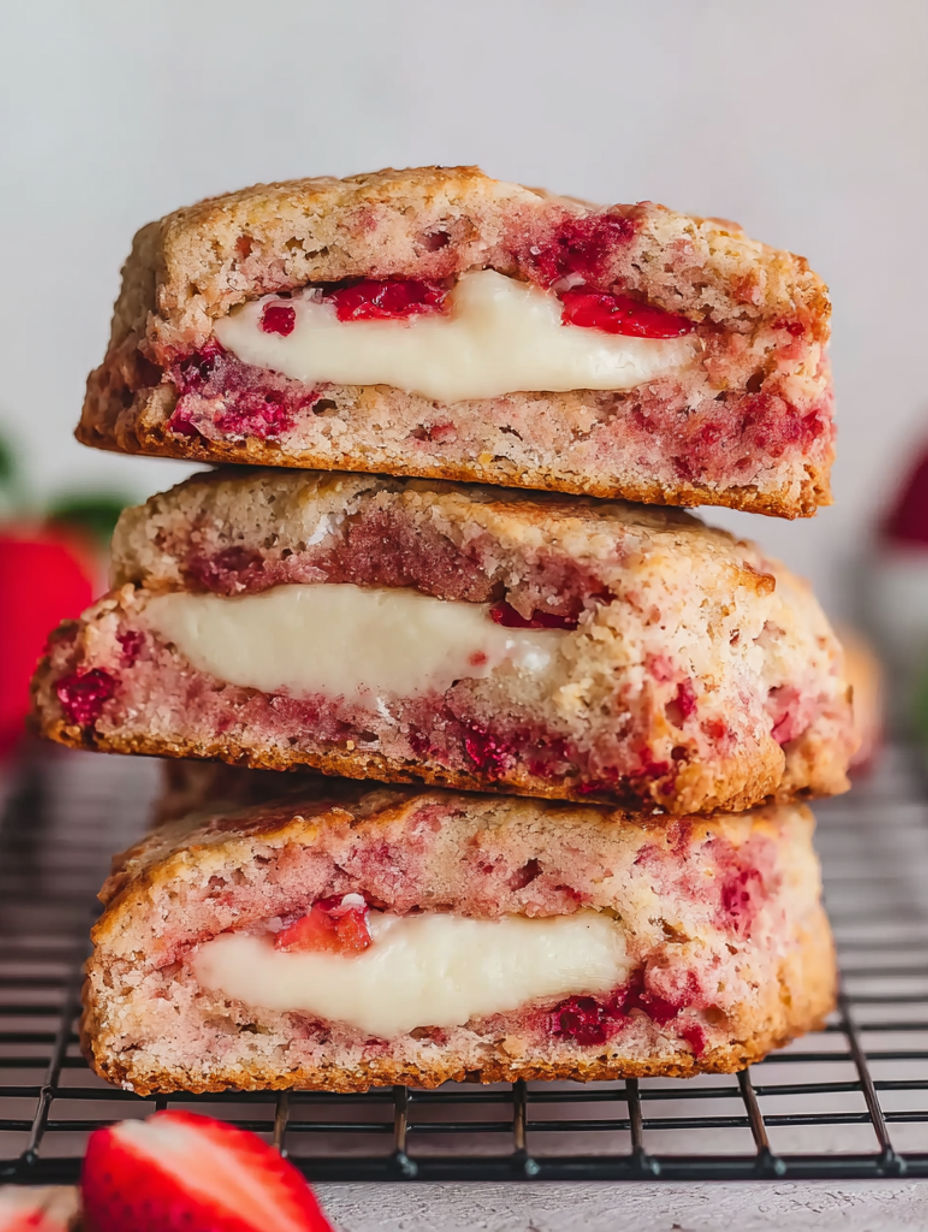 Three stacked vegane strawberry cheesecake cookies.