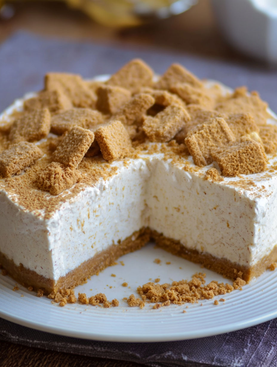 A slice of cake with crumbs on a plate.