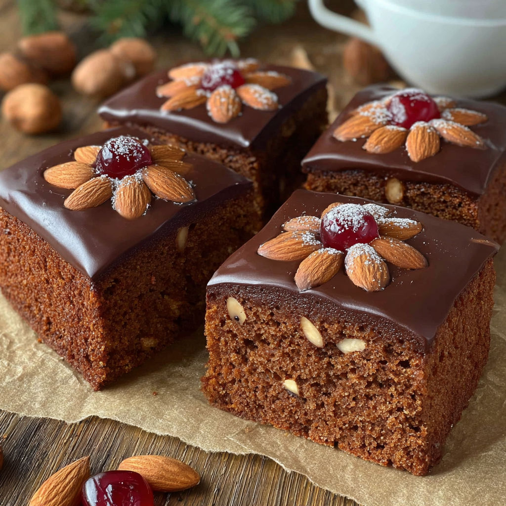 Two pieces of chocolate cake with almonds and a cherry on top.