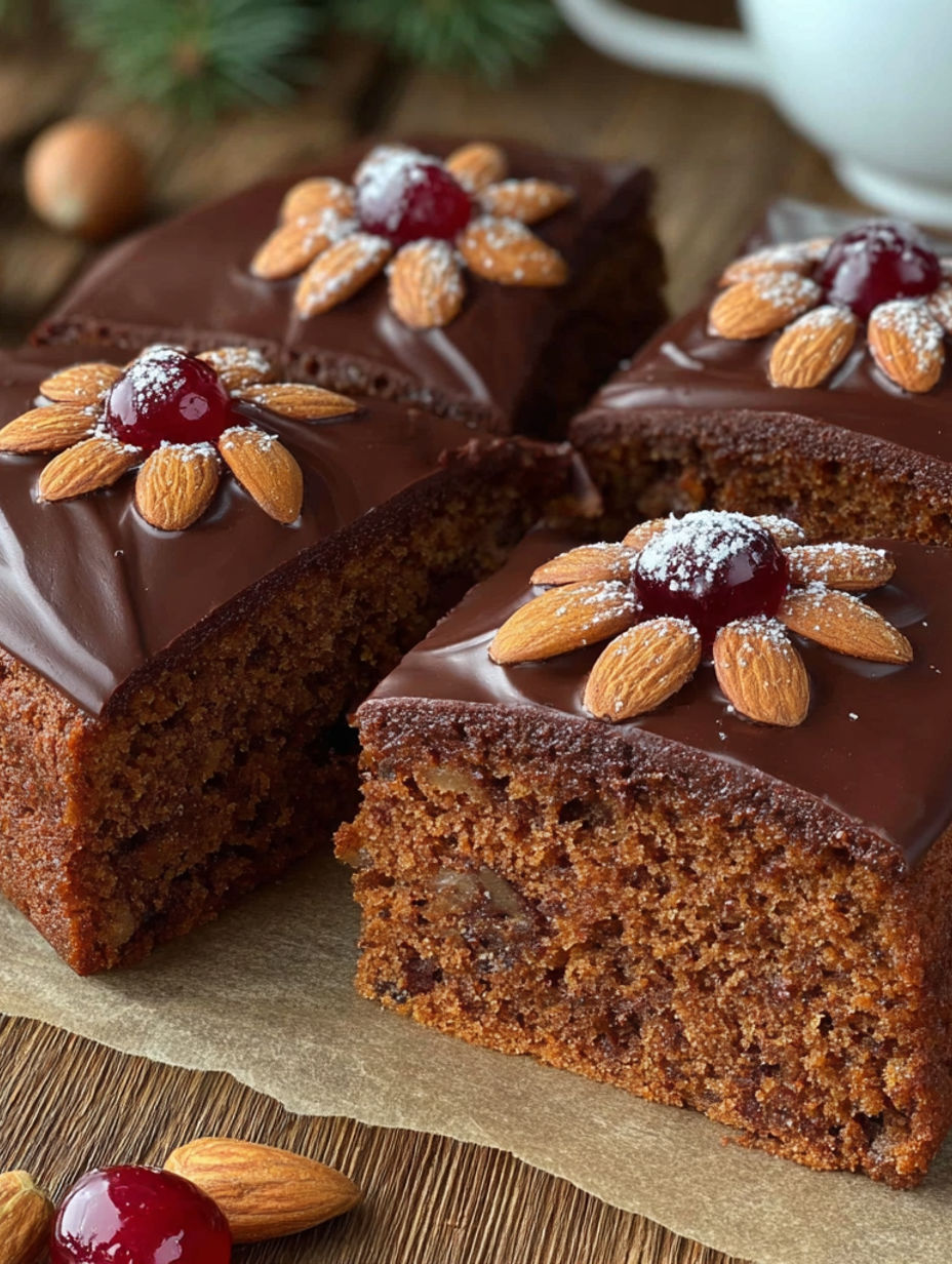 A slice of chocolate cake with almonds and a cherry on top.
