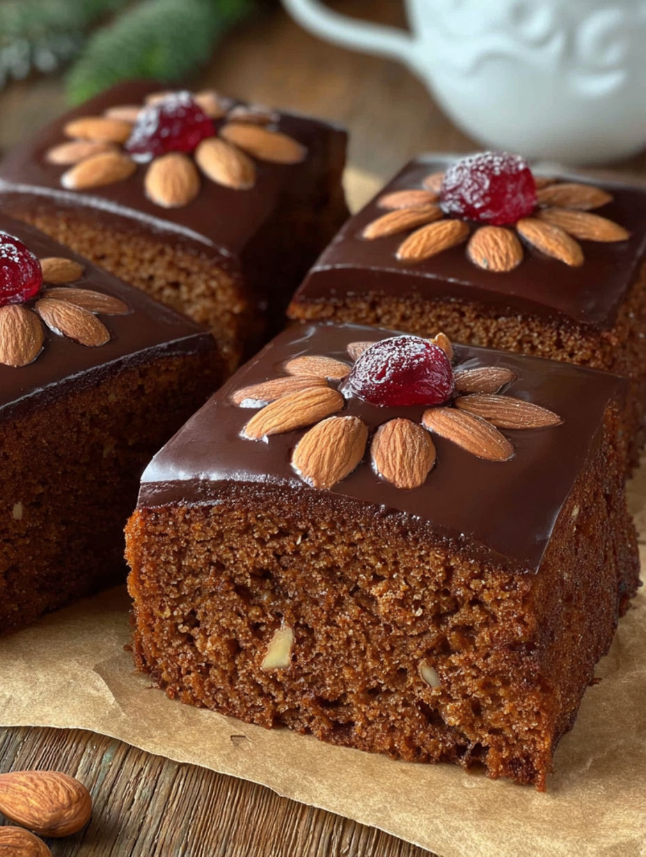 A slice of chocolate cake with almonds on top.