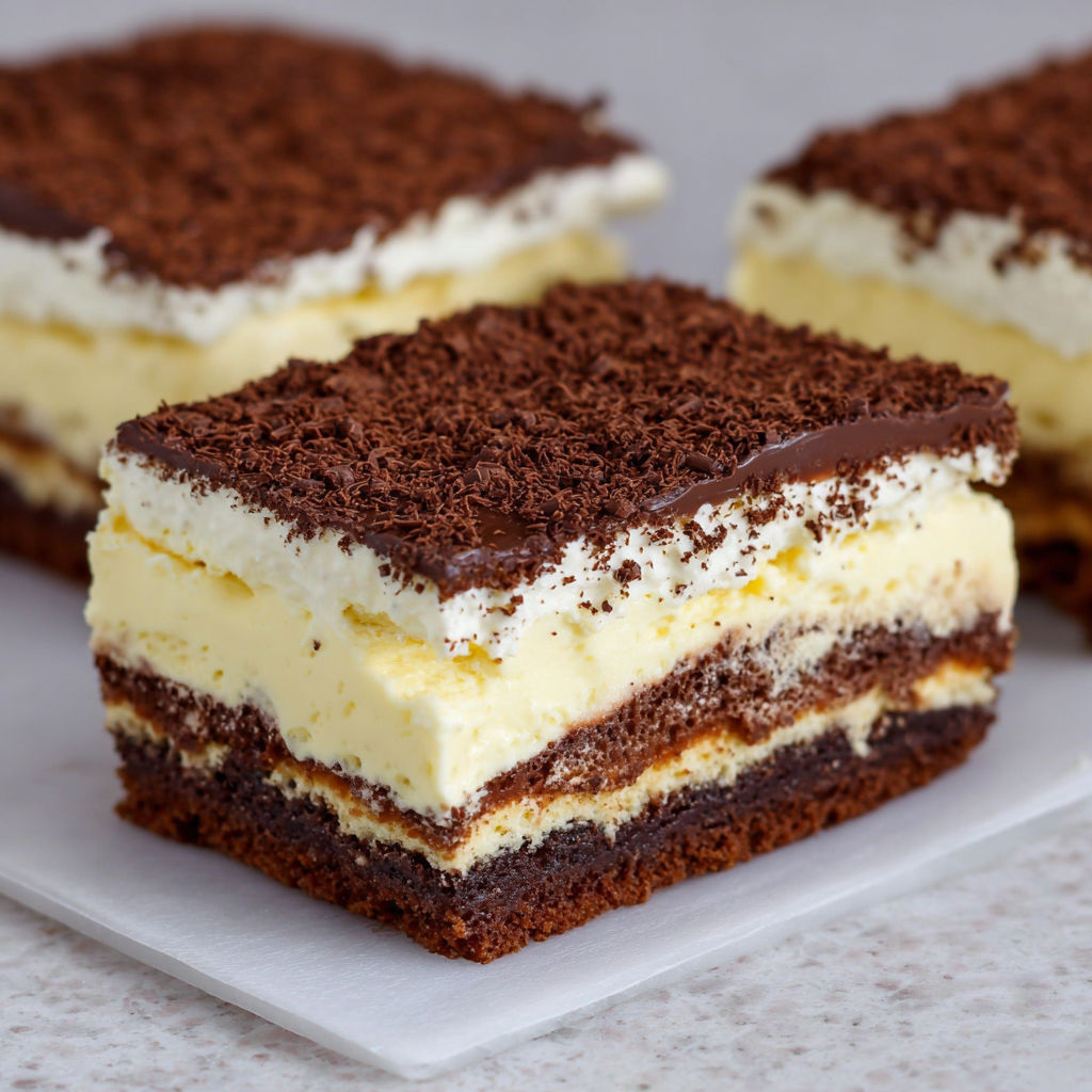 A slice of chocolate and vanilla creme cake.