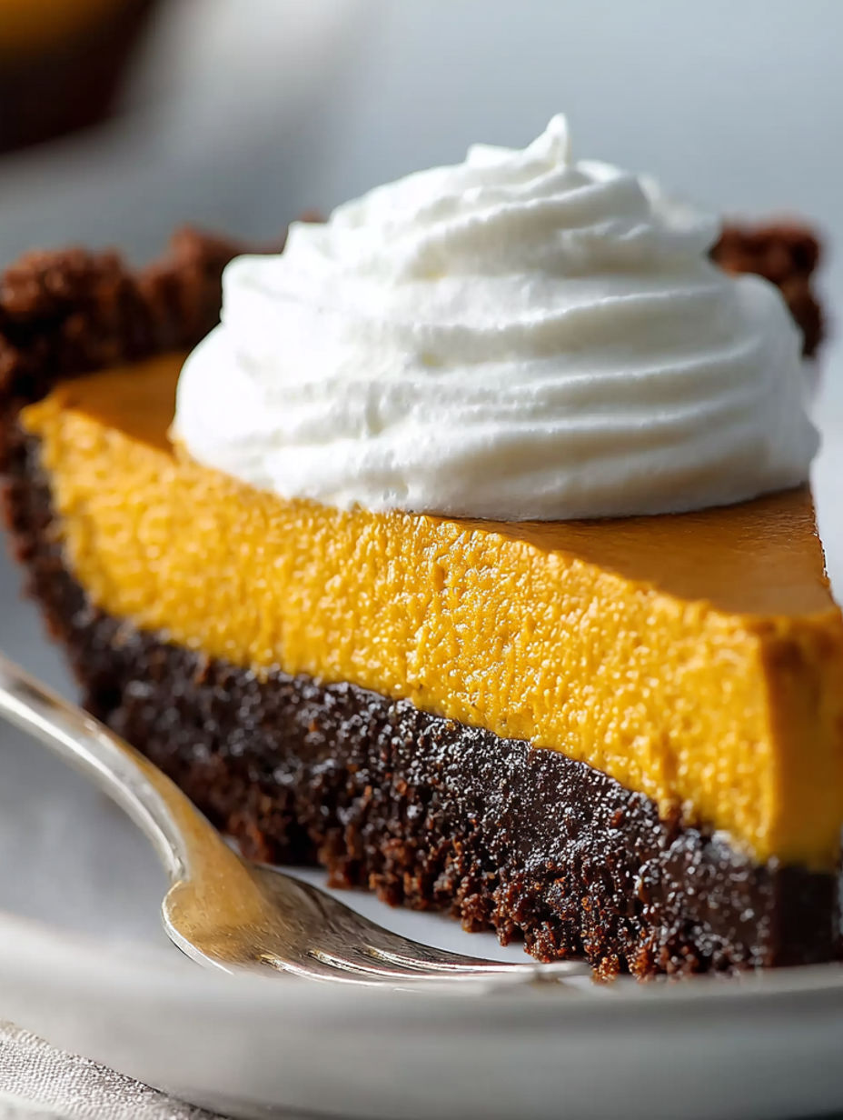 A slice of chocolate pumpkin pie with whipped cream on top.