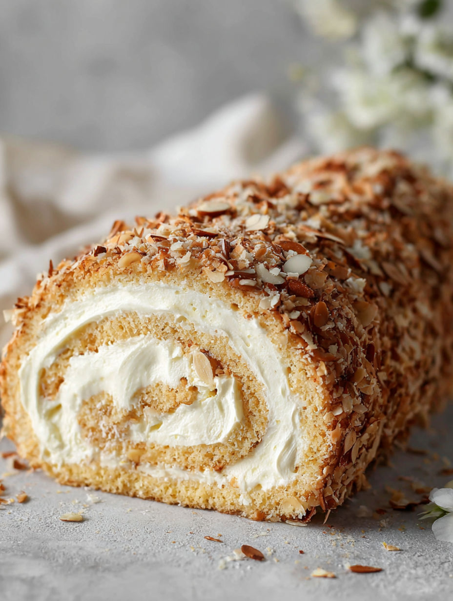 A roll of cake with white frosting and nuts on top.